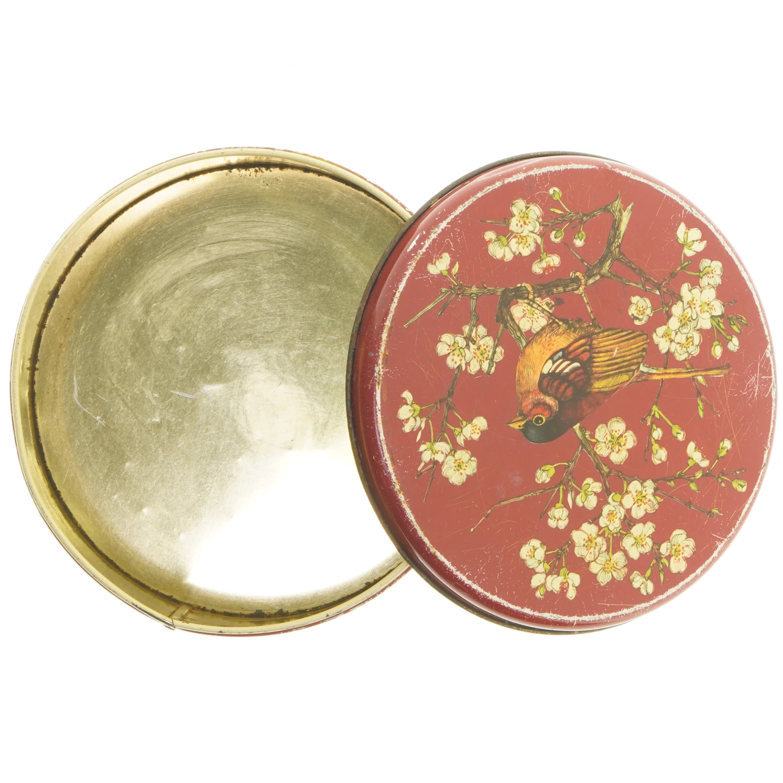 Dekoreret rund dåse med fuglemotiv (str. Ø 19,5 cm længde 8,5 cm)