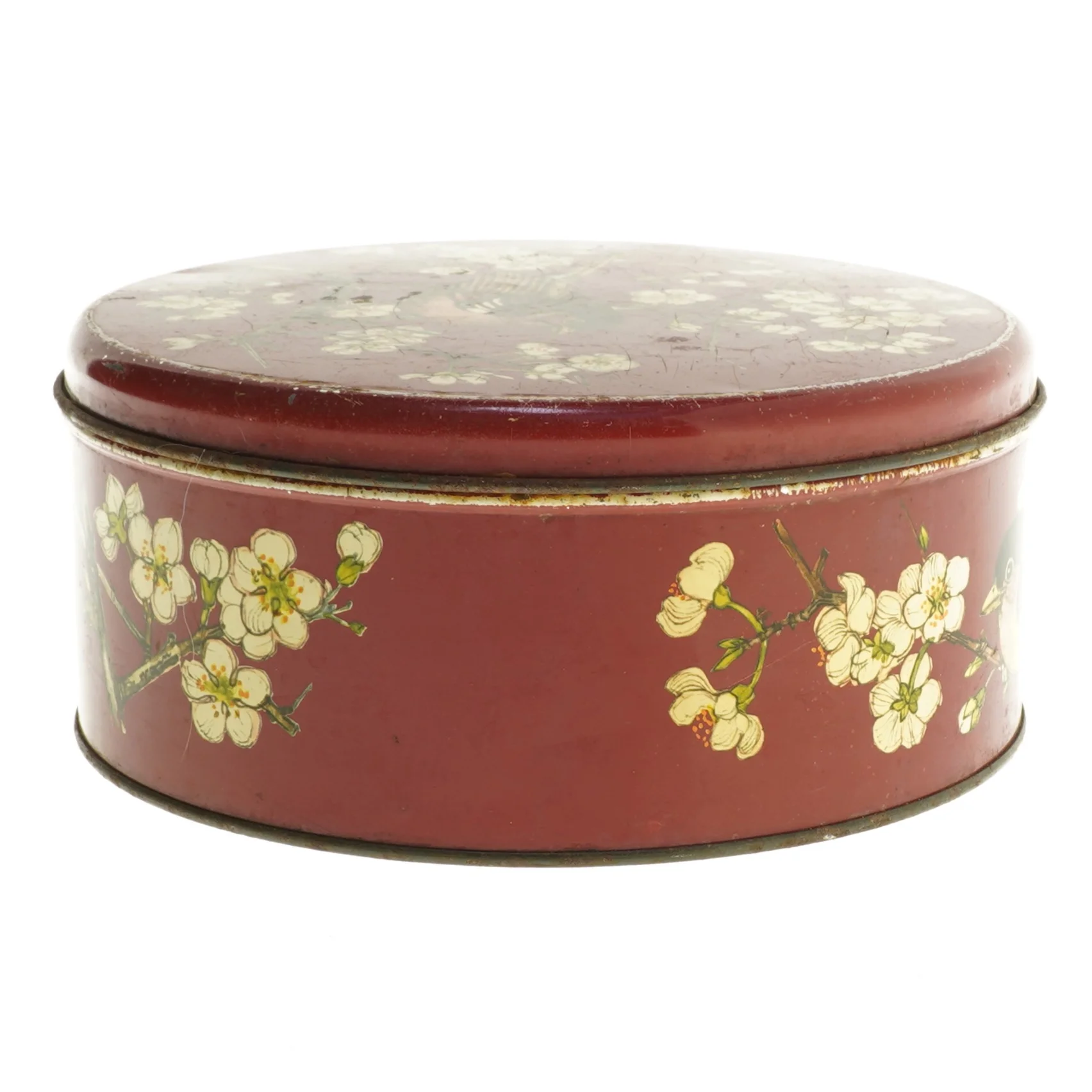 Dekoreret rund dåse med fuglemotiv (str. Ø 19,5 cm længde 8,5 cm)