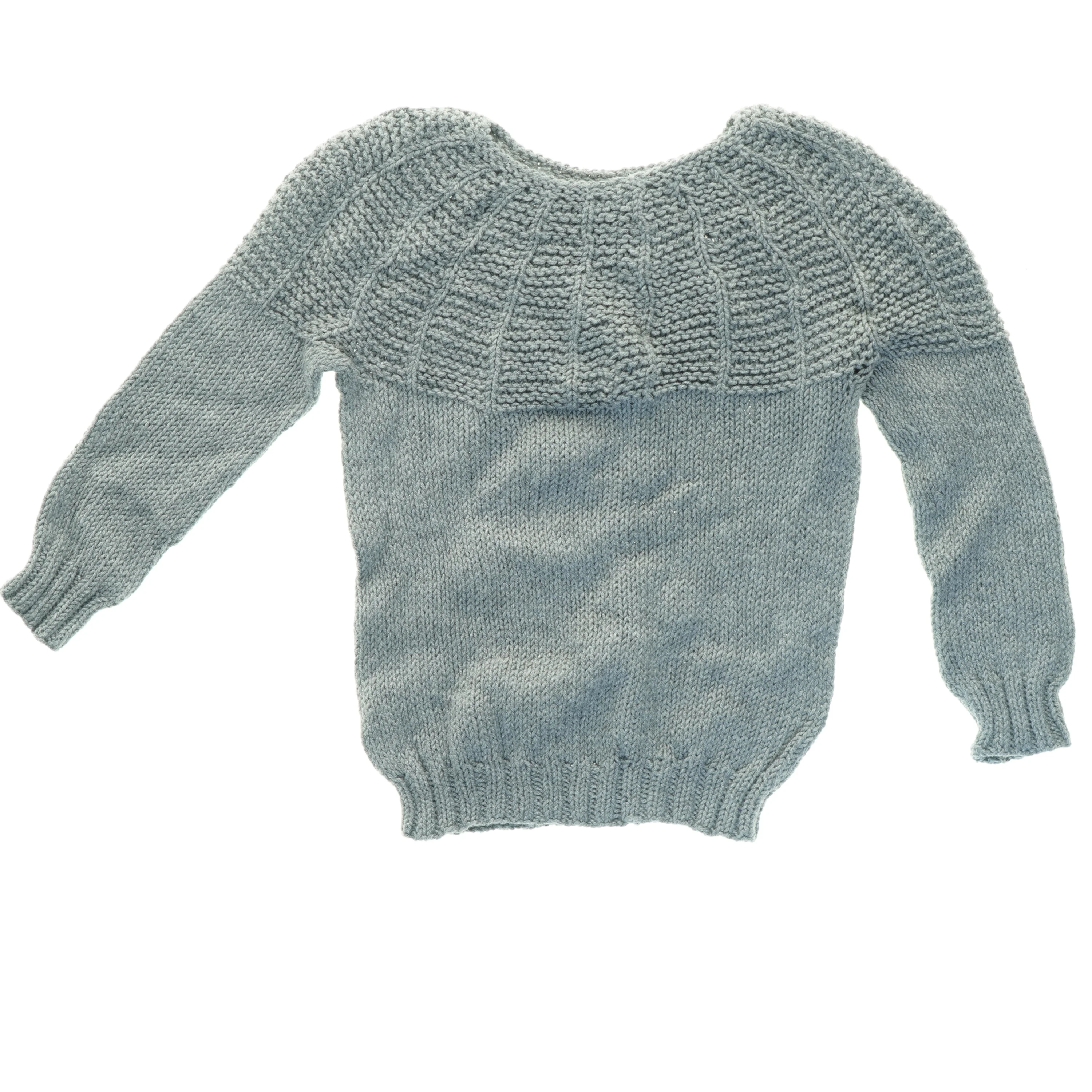 Grå håndstrikket uld-sweater (str. 30 x 37 cm ærme 23 cm)