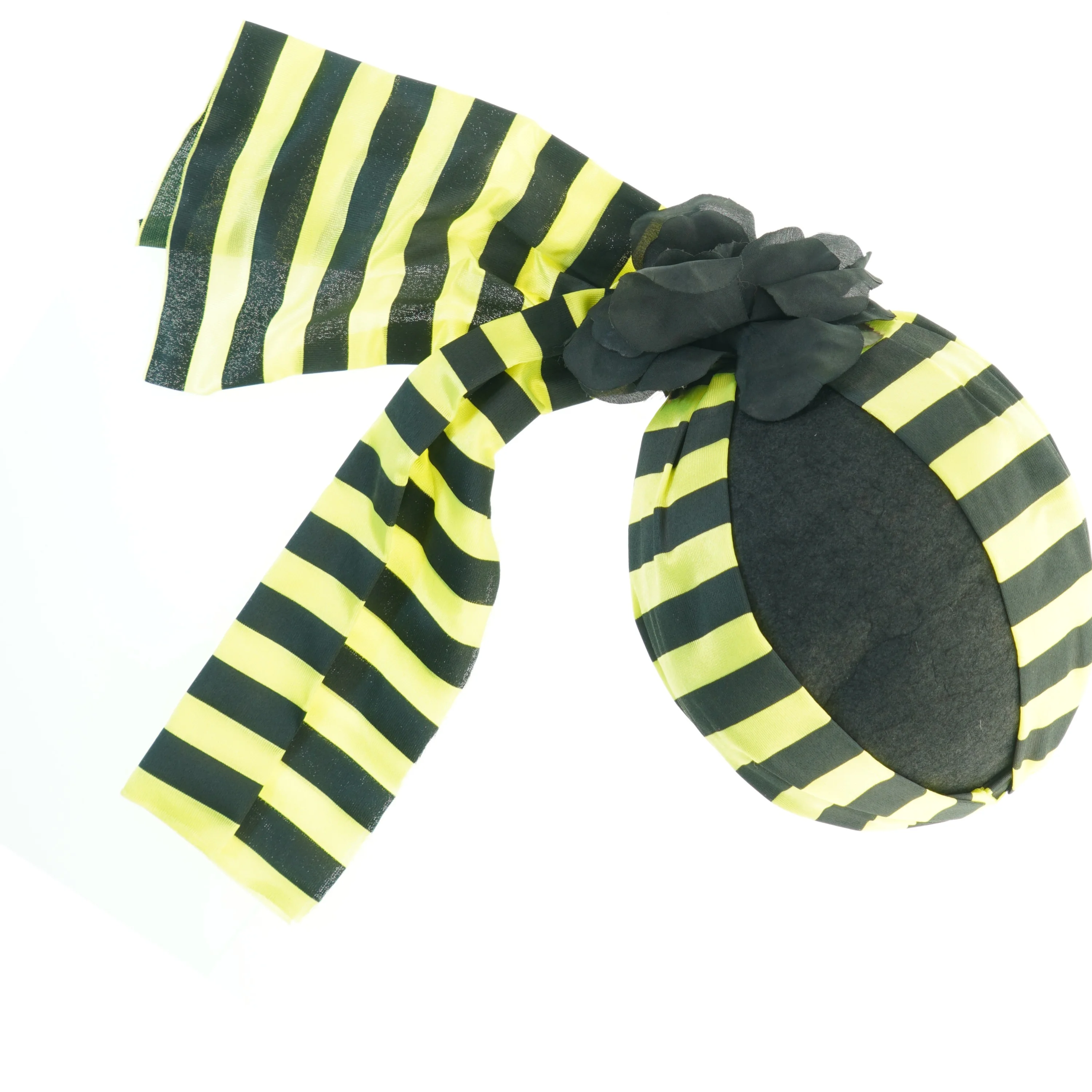 Stribet hue med bindebånd og blomst (str. Ø. 20 cm)