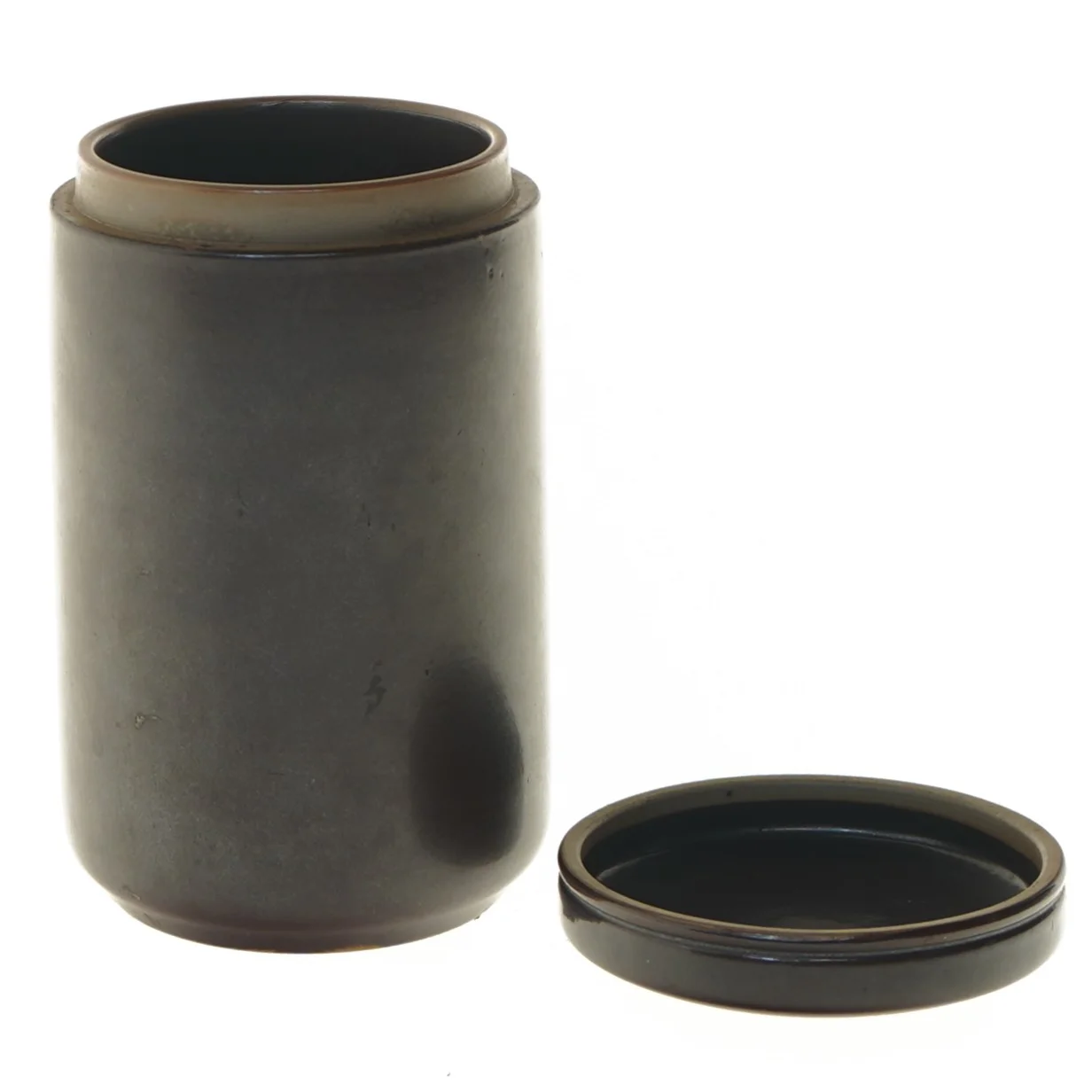 Keramikkrukke med låg fra L. Hjorth (str. Ø 9x15,5 cm)