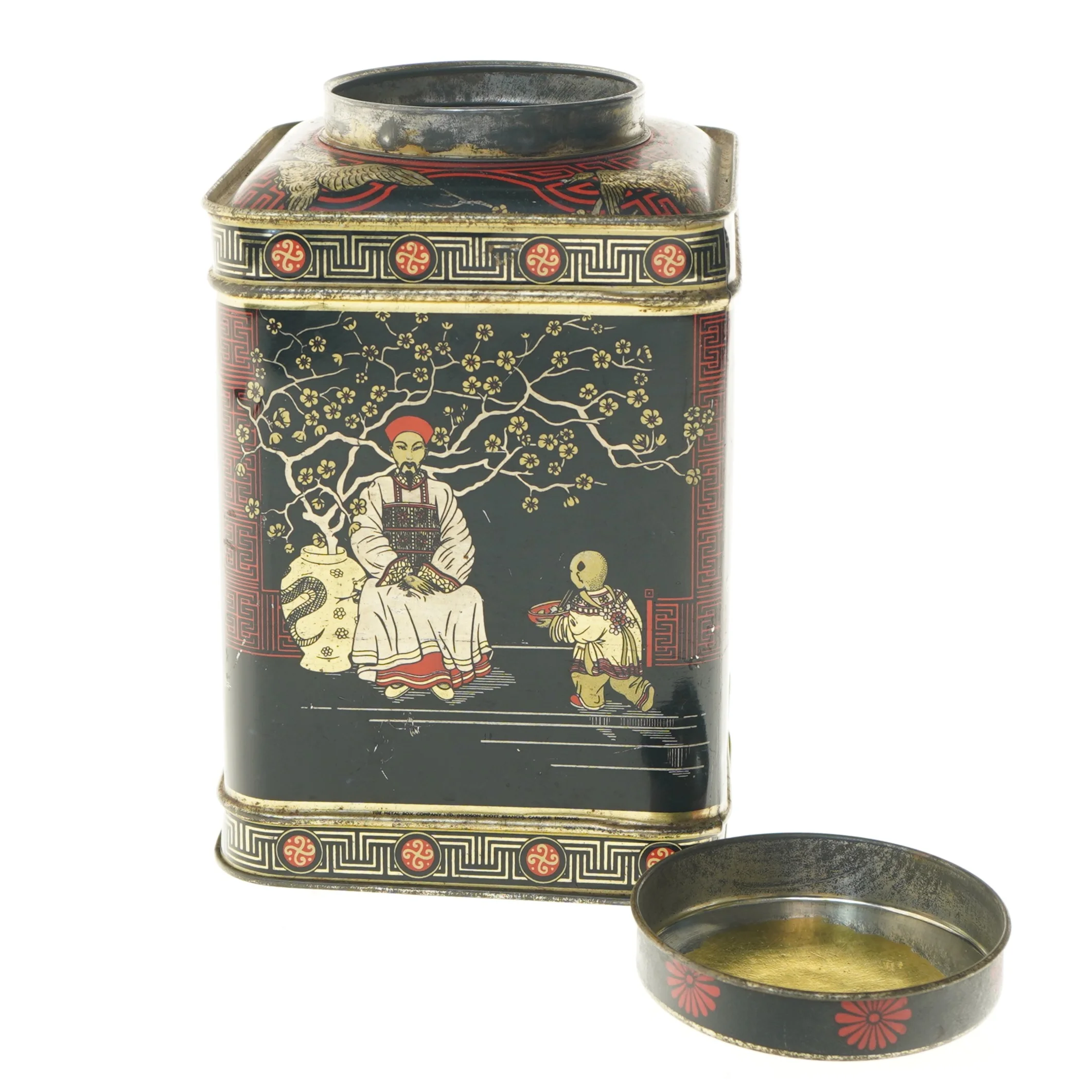 Gammel te ,blikdåse med kinesisk motiv (str. 15x15x19,5 cm)
