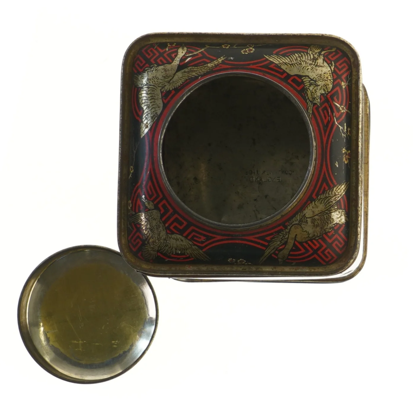 Gammel te ,blikdåse med kinesisk motiv (str. 15x15x19,5 cm)