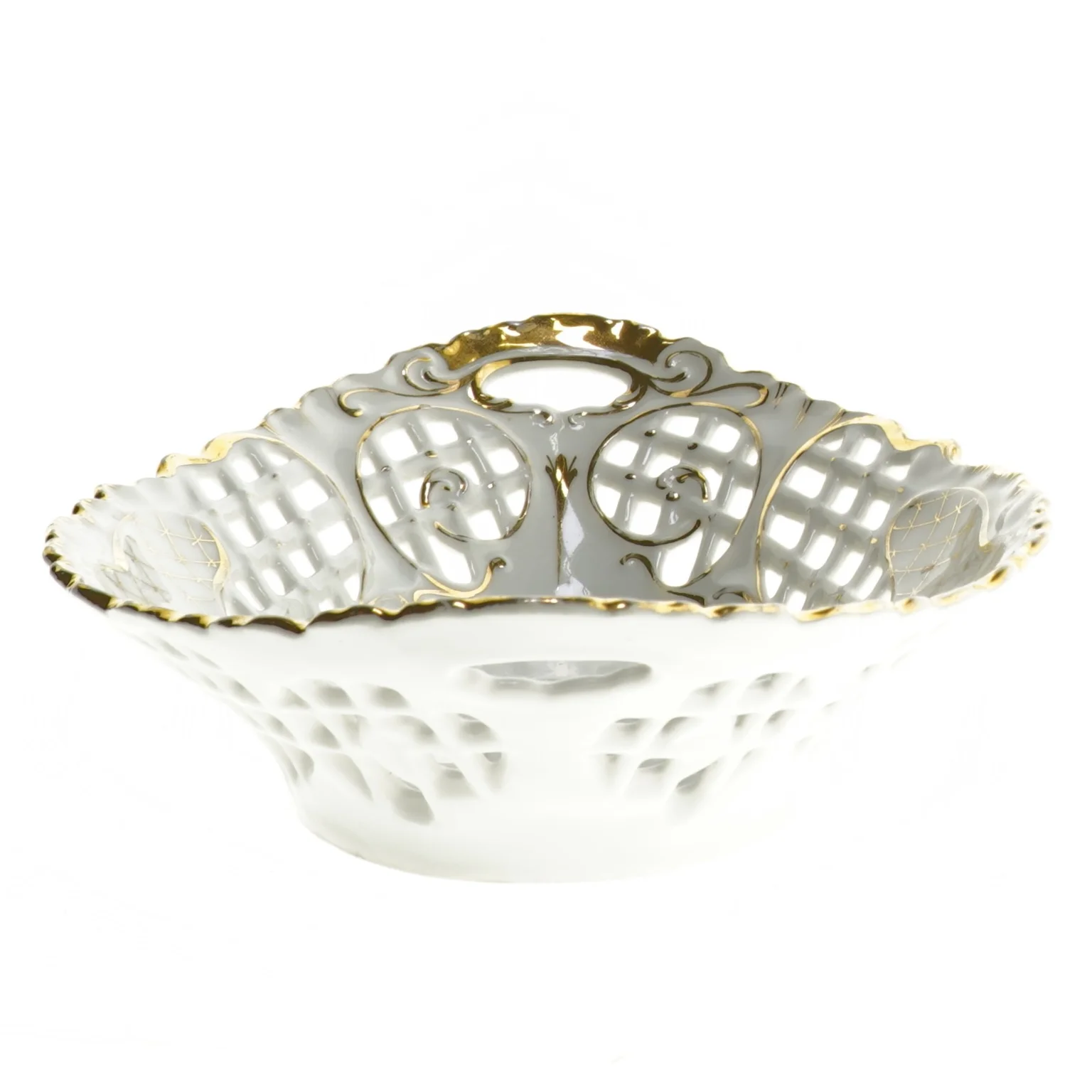Porcelænsskål med gennembrudt mønster og guldkant (str. 29 x 30 cm)
