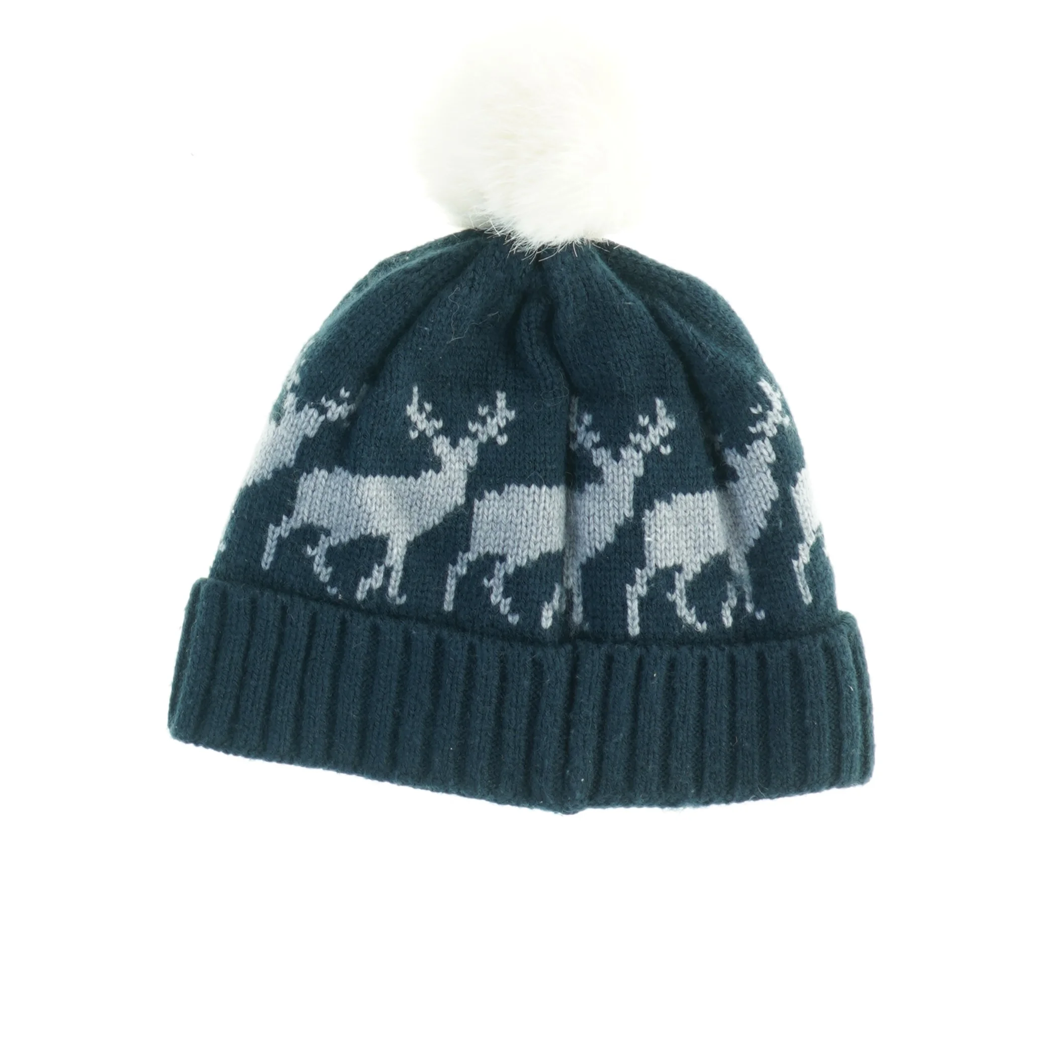 Strikhue med pompon og rensdyrmønster (str. Et til 2 år)