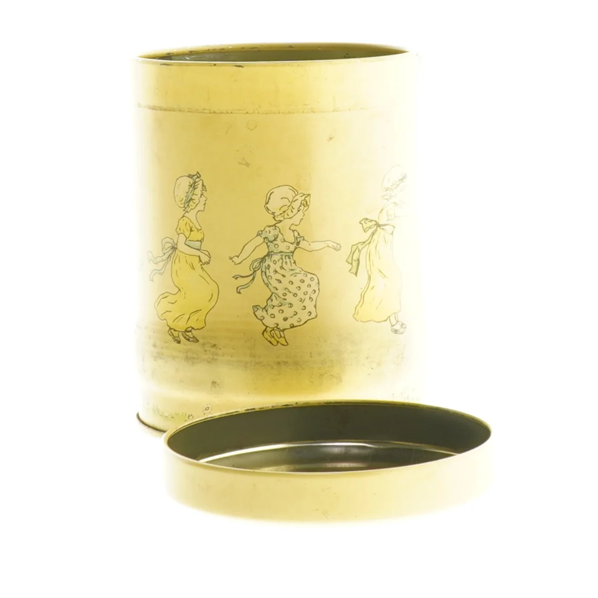 Metal dåse med Kate Greenaway motiv (str. Ø 9 cm h 12 cm)