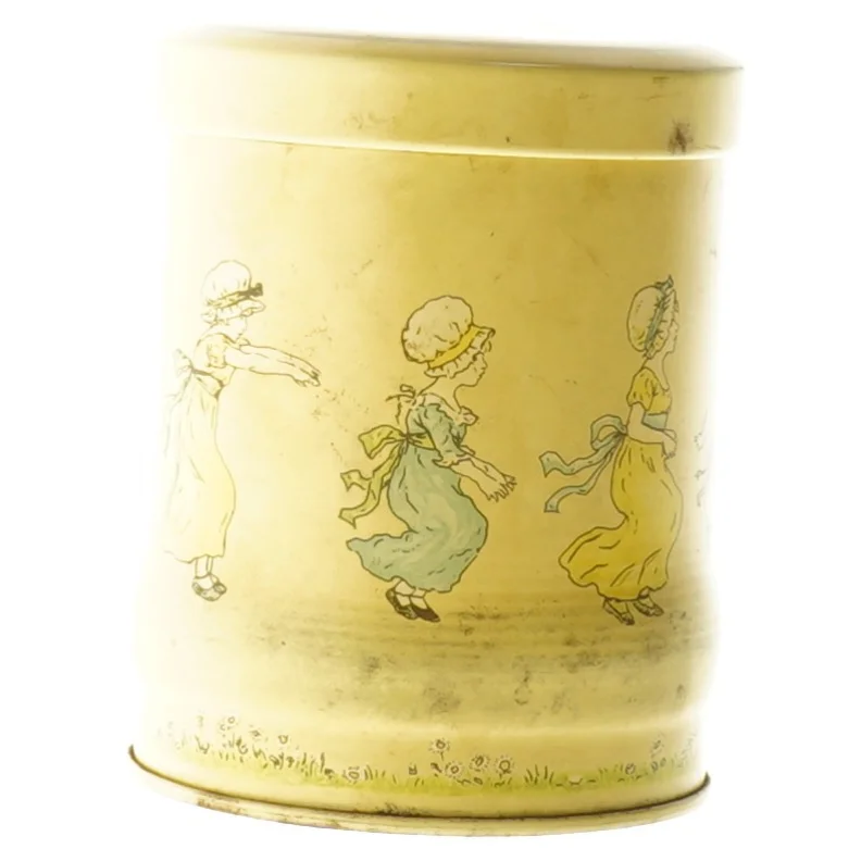 Metal dåse med Kate Greenaway motiv (str. Ø 9 cm h 12 cm)
