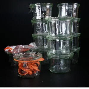 10 Weck patent glas, komplet med med tætningsringe og klemmer (13 stk) fra Weck (str. 6 x 9 cm)