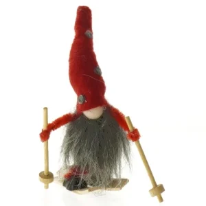 Håndlavet nissefigur på ski (str. 12 cm)