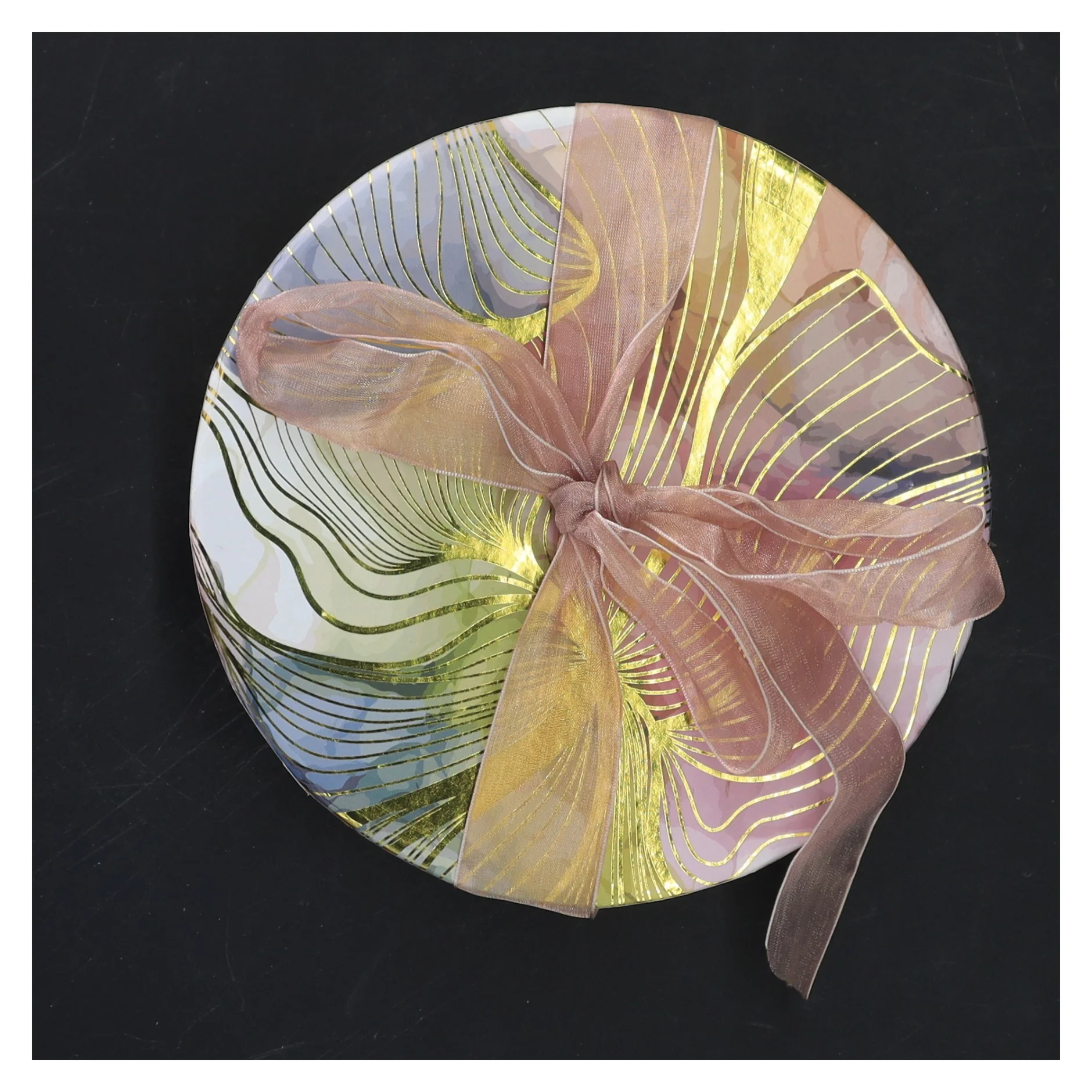 Rund gaveæske med bånd (str. 14x6 cm)