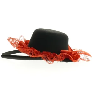 Udklædning: Sort hat med rød blonde (str. 13 cm)