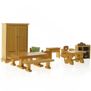 Dukkehusmøbler i træ (str. Højskab, 16 x 11 x 4,5 cm spisebord 12,5 x 6 x 5 cm seng 10 x 5 x 5 cm)