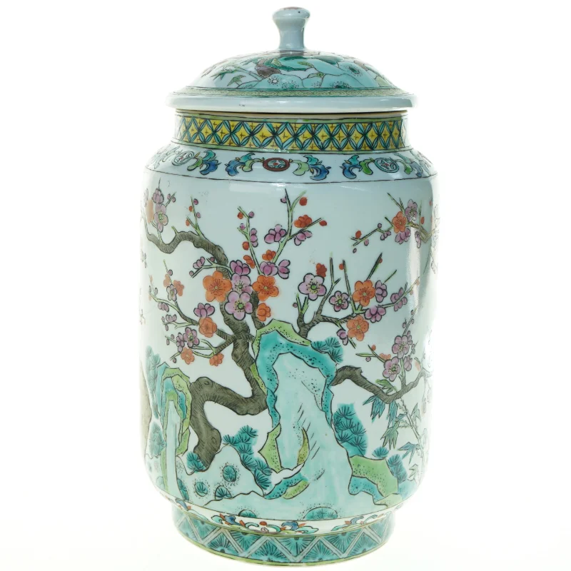 Kinesisk porcelænsskål med dekorativt låg (str. 28 x 16 cm)