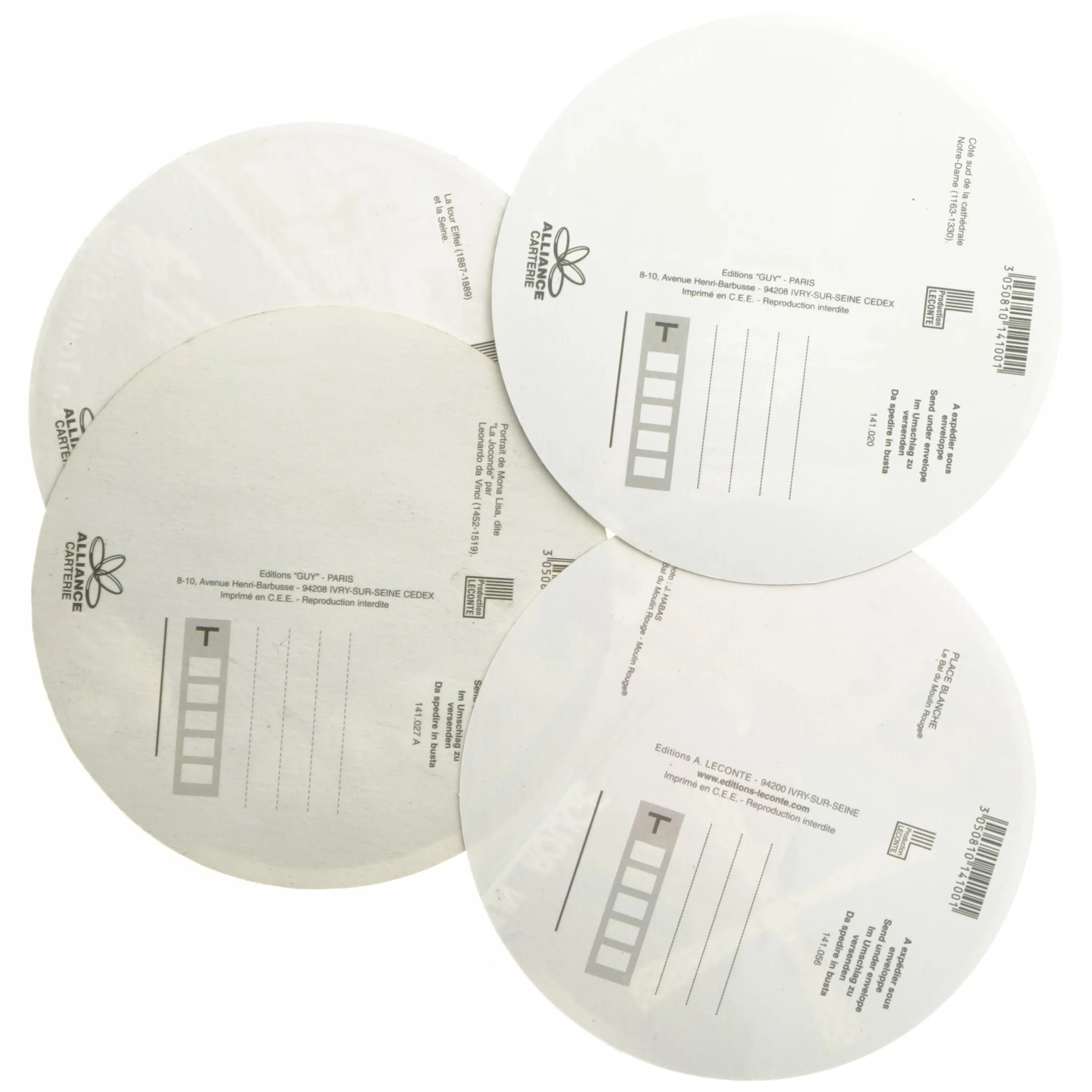 Runde postkort med Paris-motiver (str. Ø 15 cm)