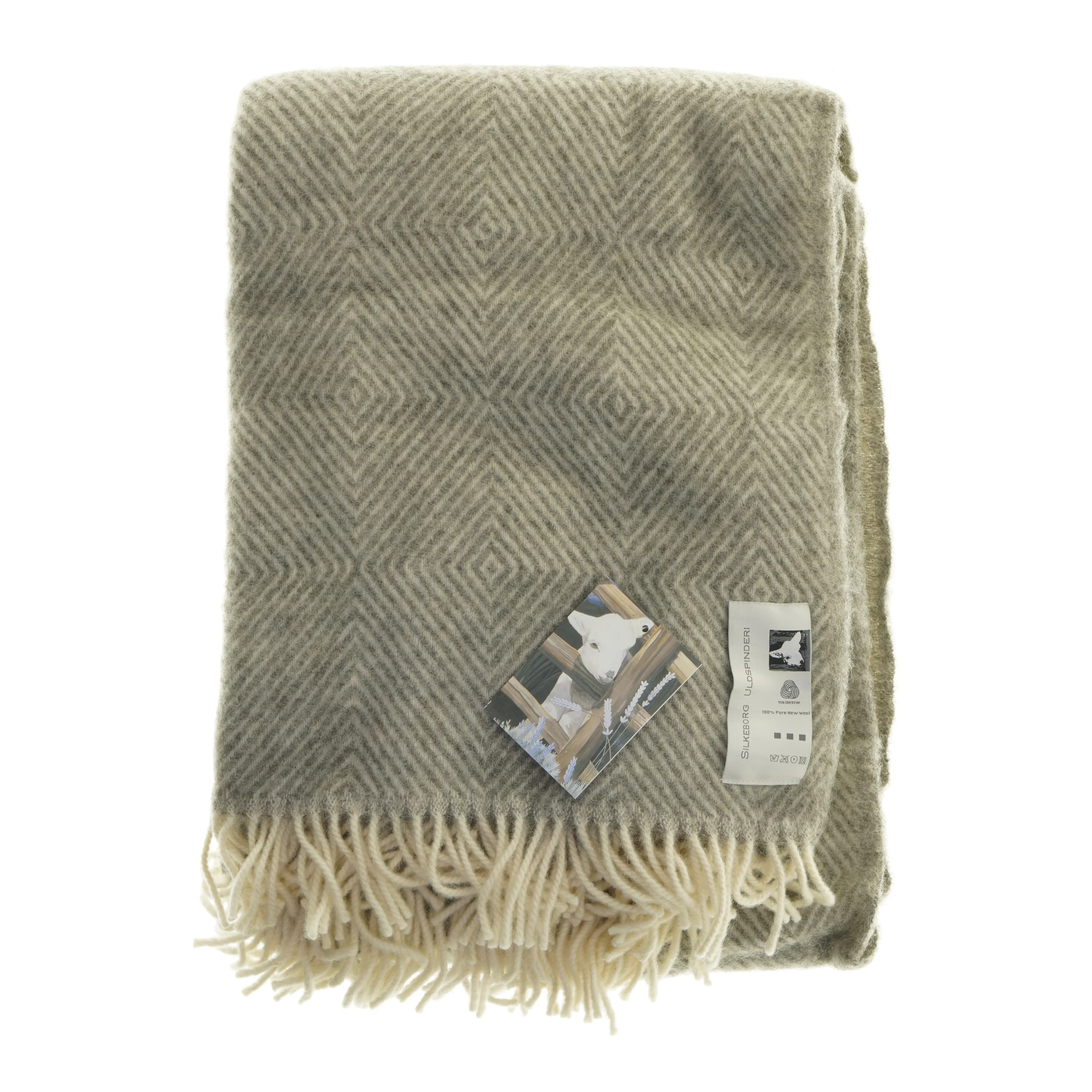 Grå uldtæppe med frynser fra Silkeborg (str. 160 cm)