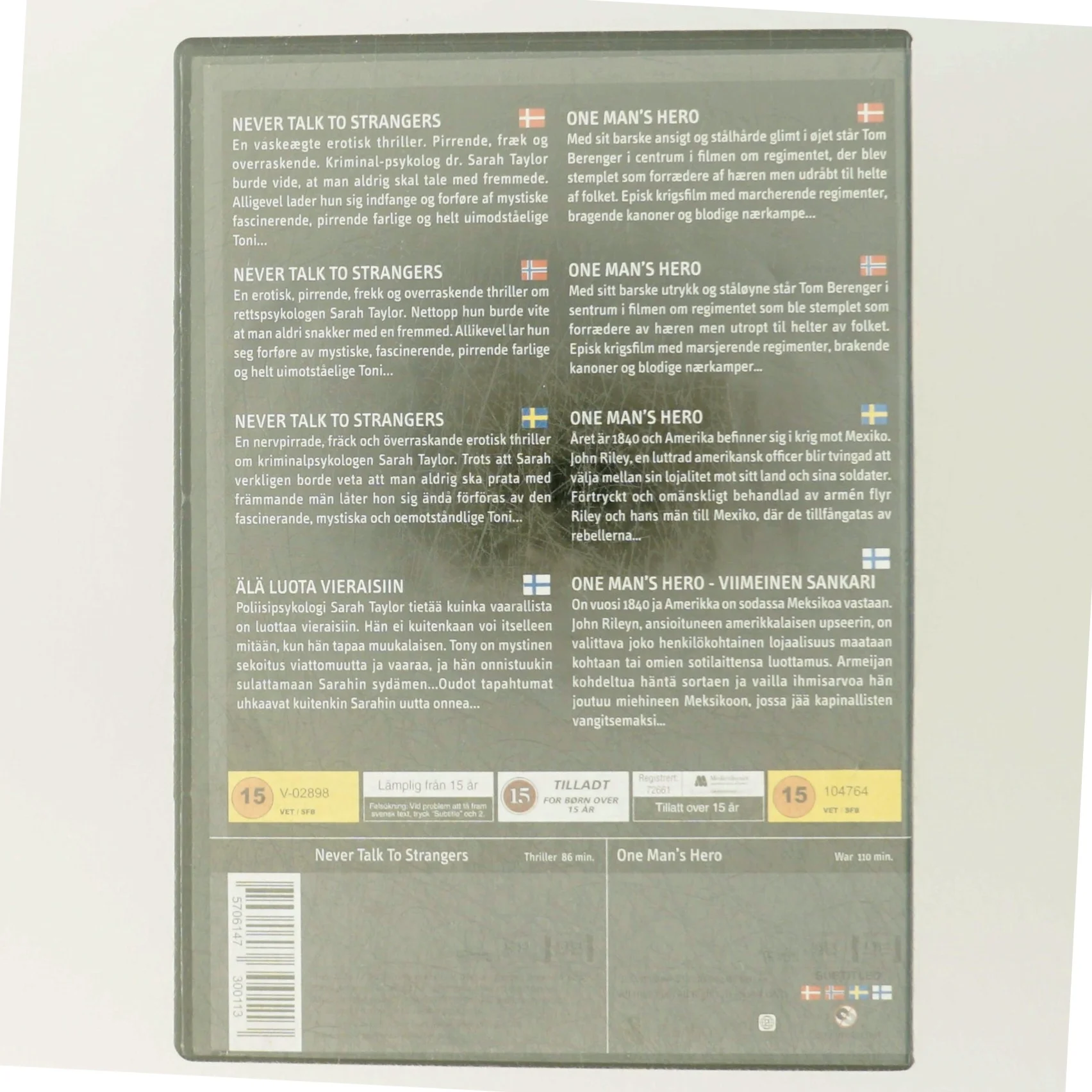 DVD Film Sæt - Never Talk To Strangers og One Man's Hero fra Scanbox