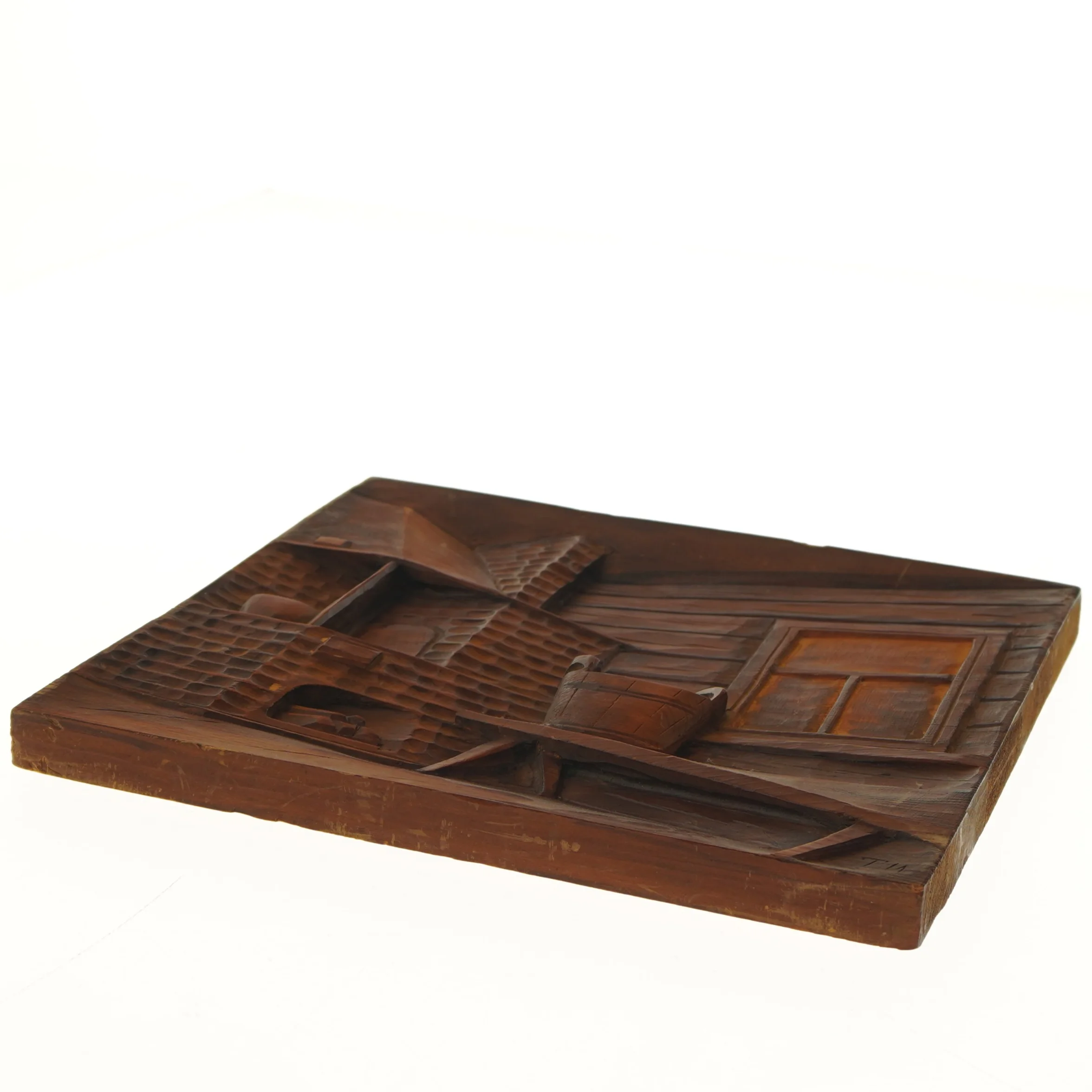 Trærelief af husinteriør (str. 29,5x30 cm)