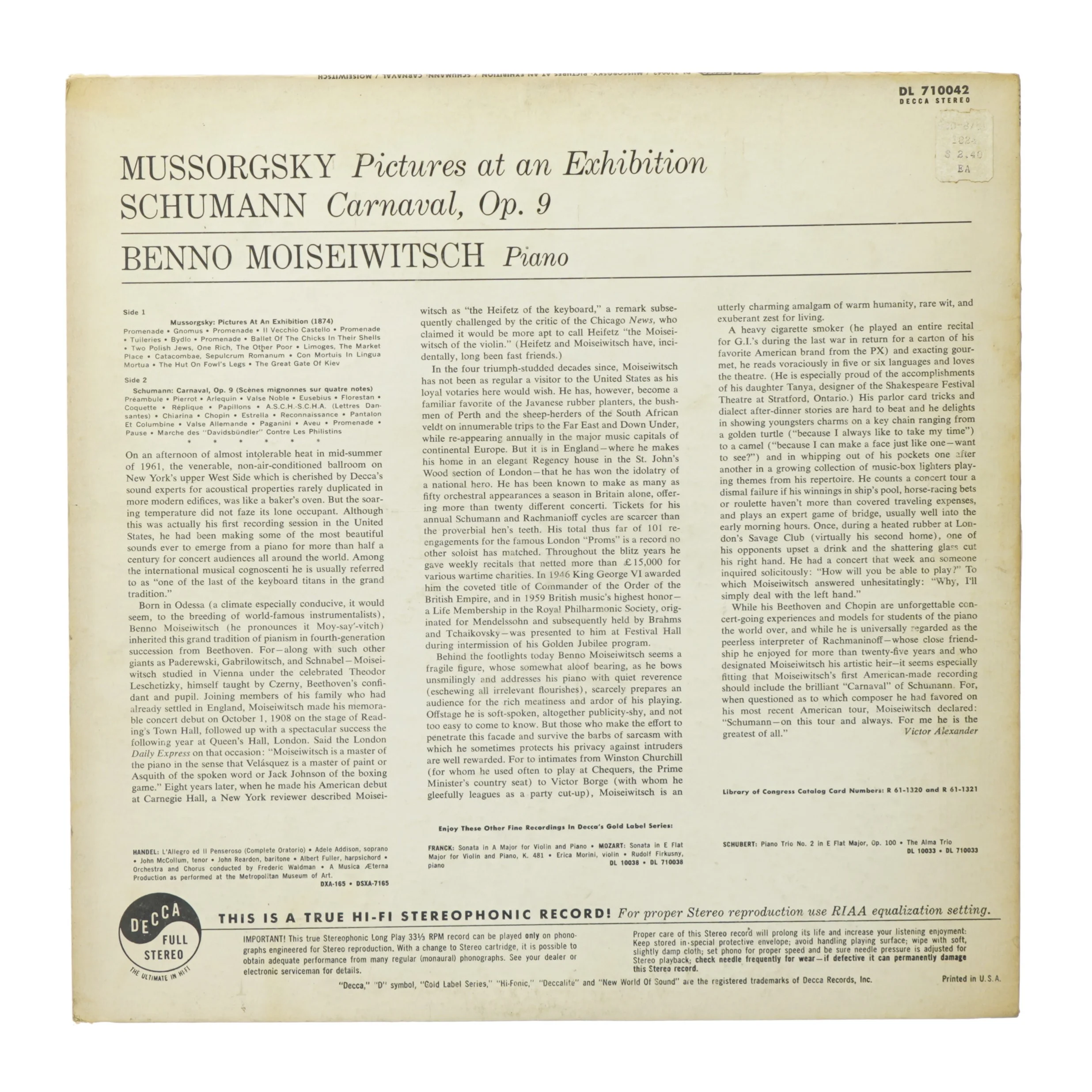 LP vinylplade med Moiseiwitsch