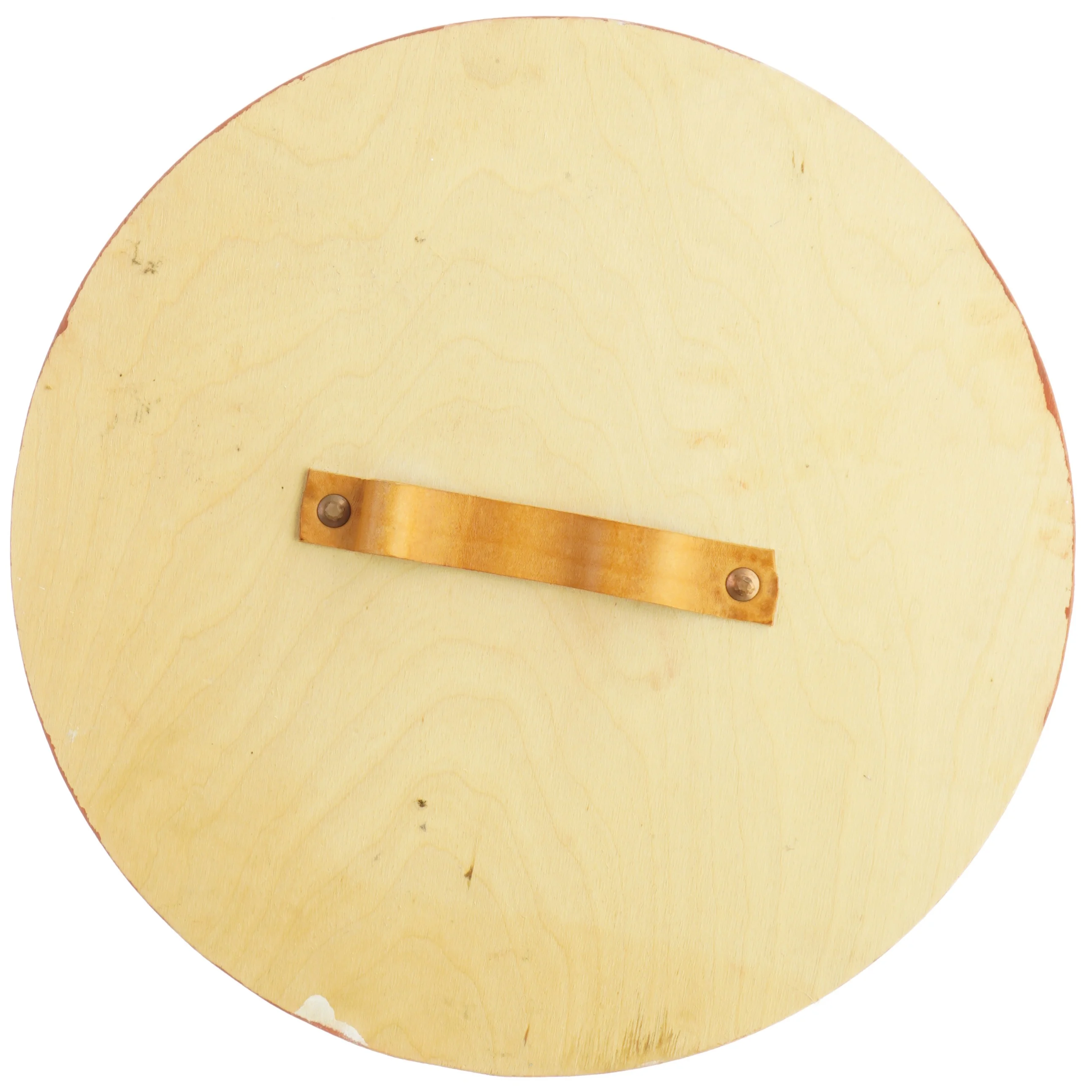 Håndmalet træskjold med læderhåndtag (str. Ø 36 cm)