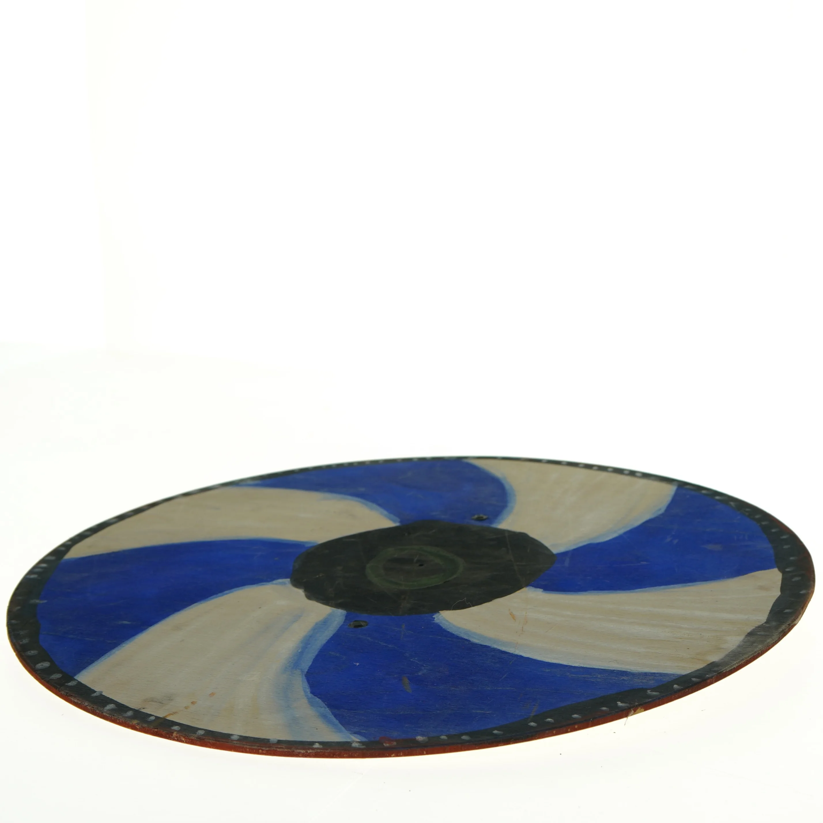 Håndmalet træskjold med læderhåndtag (str. Ø 36 cm)