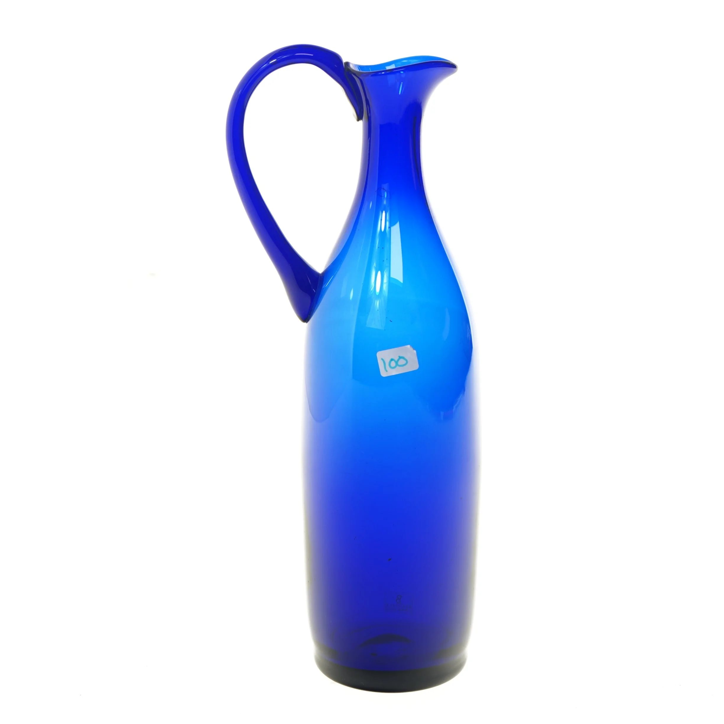 Blå glas kande fra Bergdala (str. 30,5 cm)