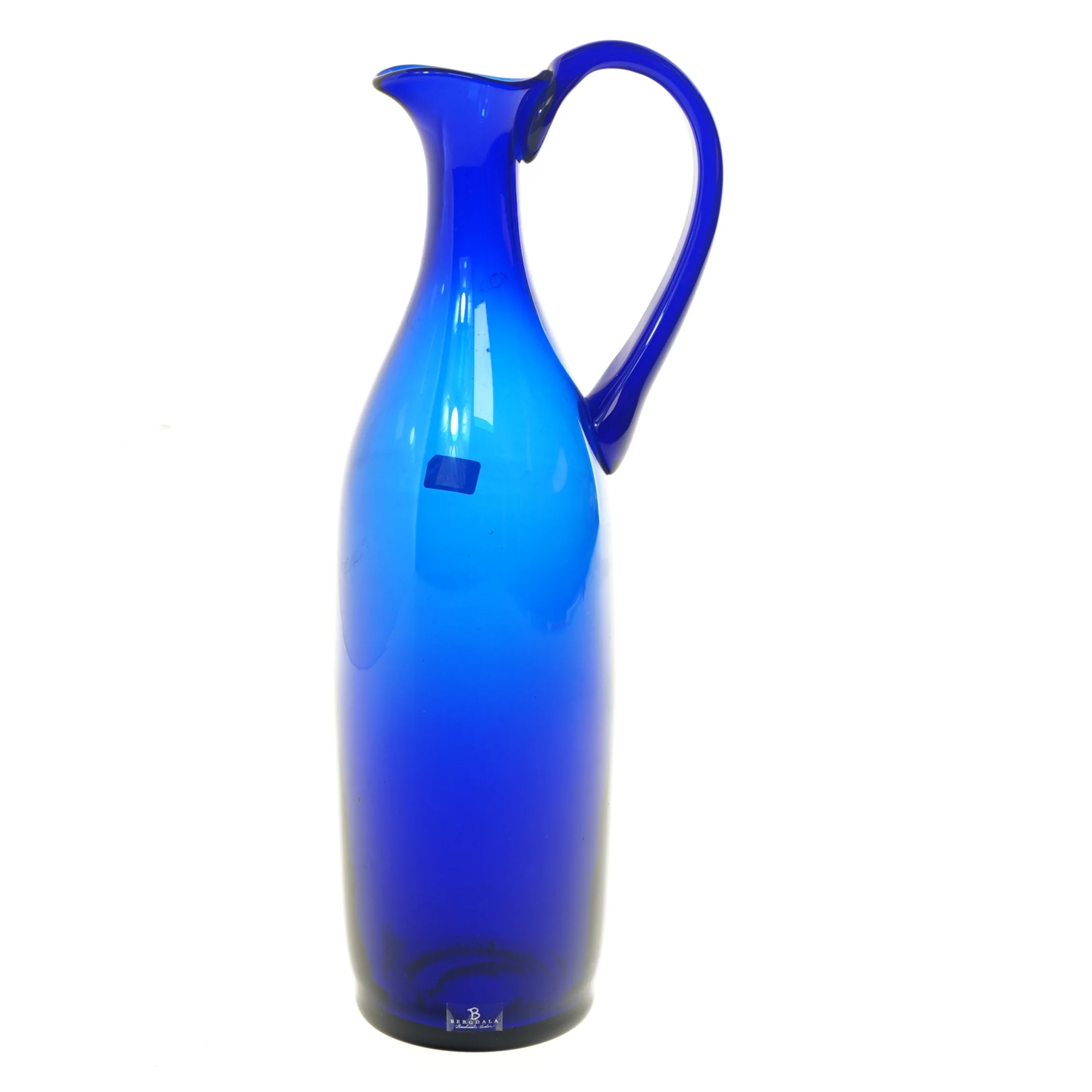 Blå glas kande fra Bergdala (str. 30,5 cm)