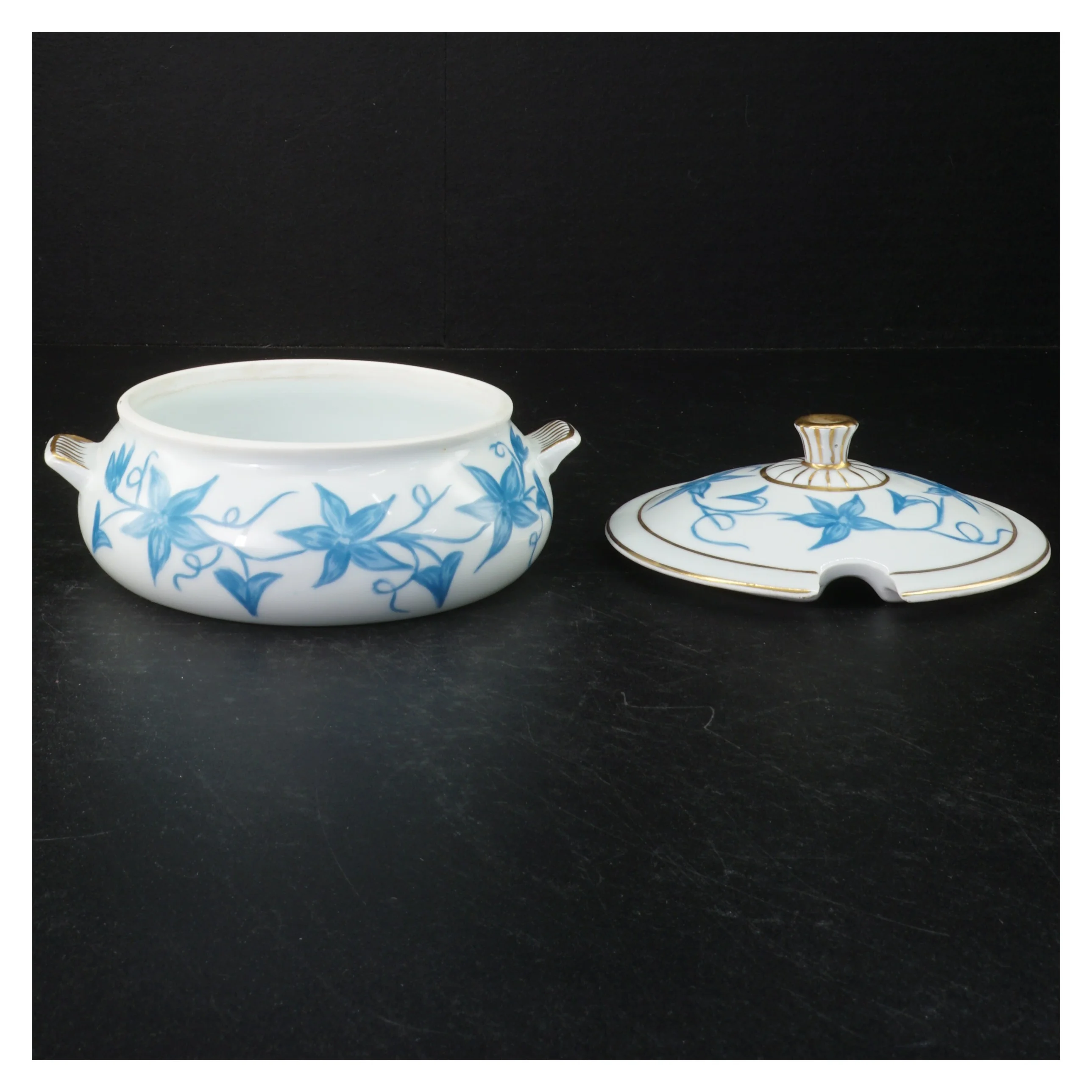 Porcelænssennepskrukke med blåmønster