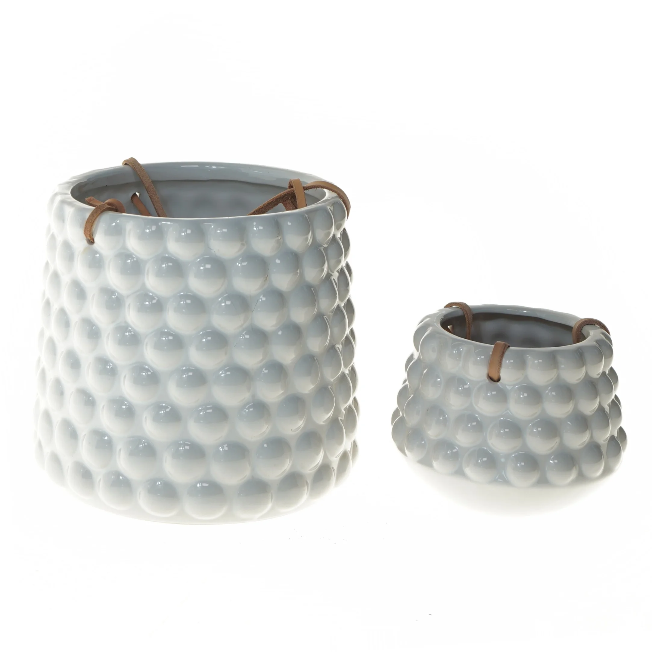 Keramiske vaser med lædersnøre (str. 2 stk Ø 10 & 16 cm)