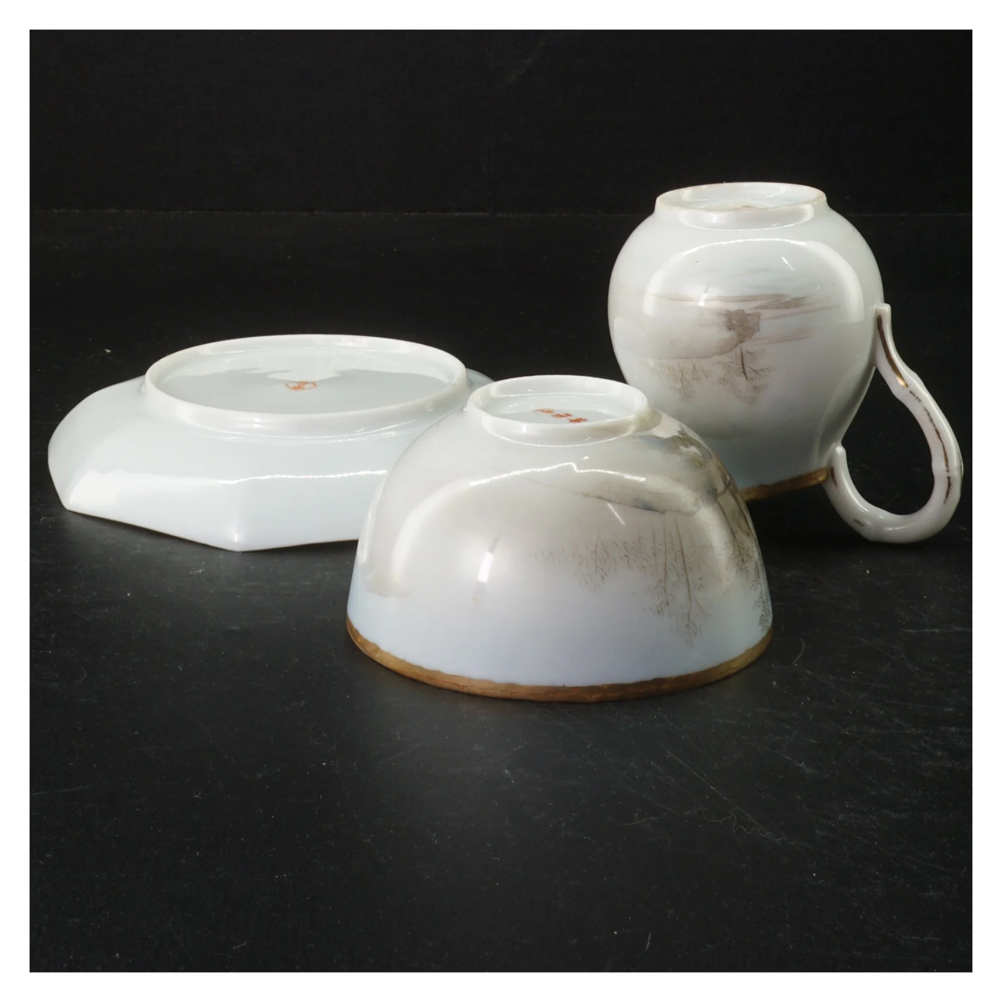 Vintage kinesisk Porcelænsservice med landskabsmønster (str. Tallerken, 13 cm. skål, 8 cm. kande 8 cm)