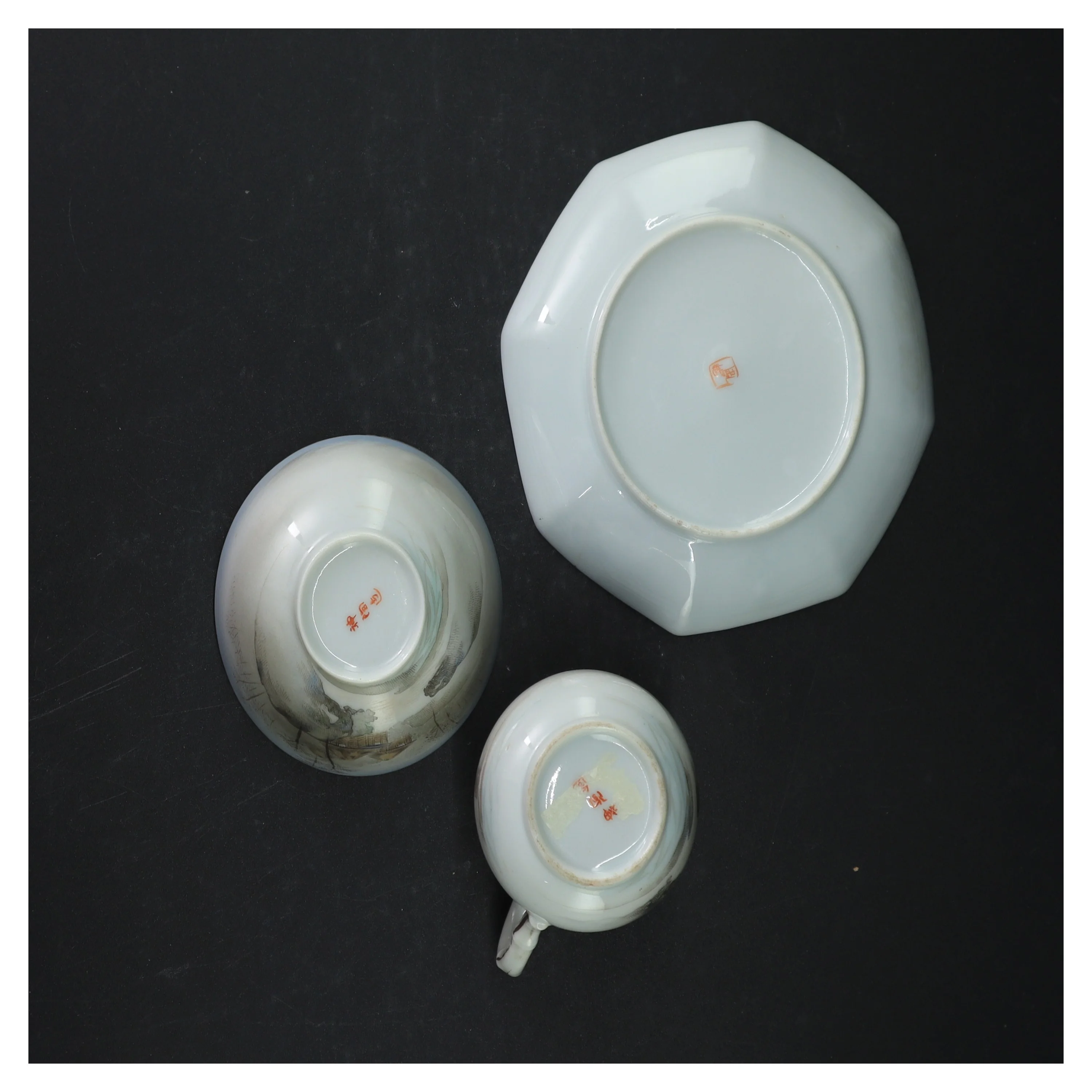 Vintage kinesisk Porcelænsservice med landskabsmønster (str. Tallerken, 13 cm. skål, 8 cm. kande 8 cm)