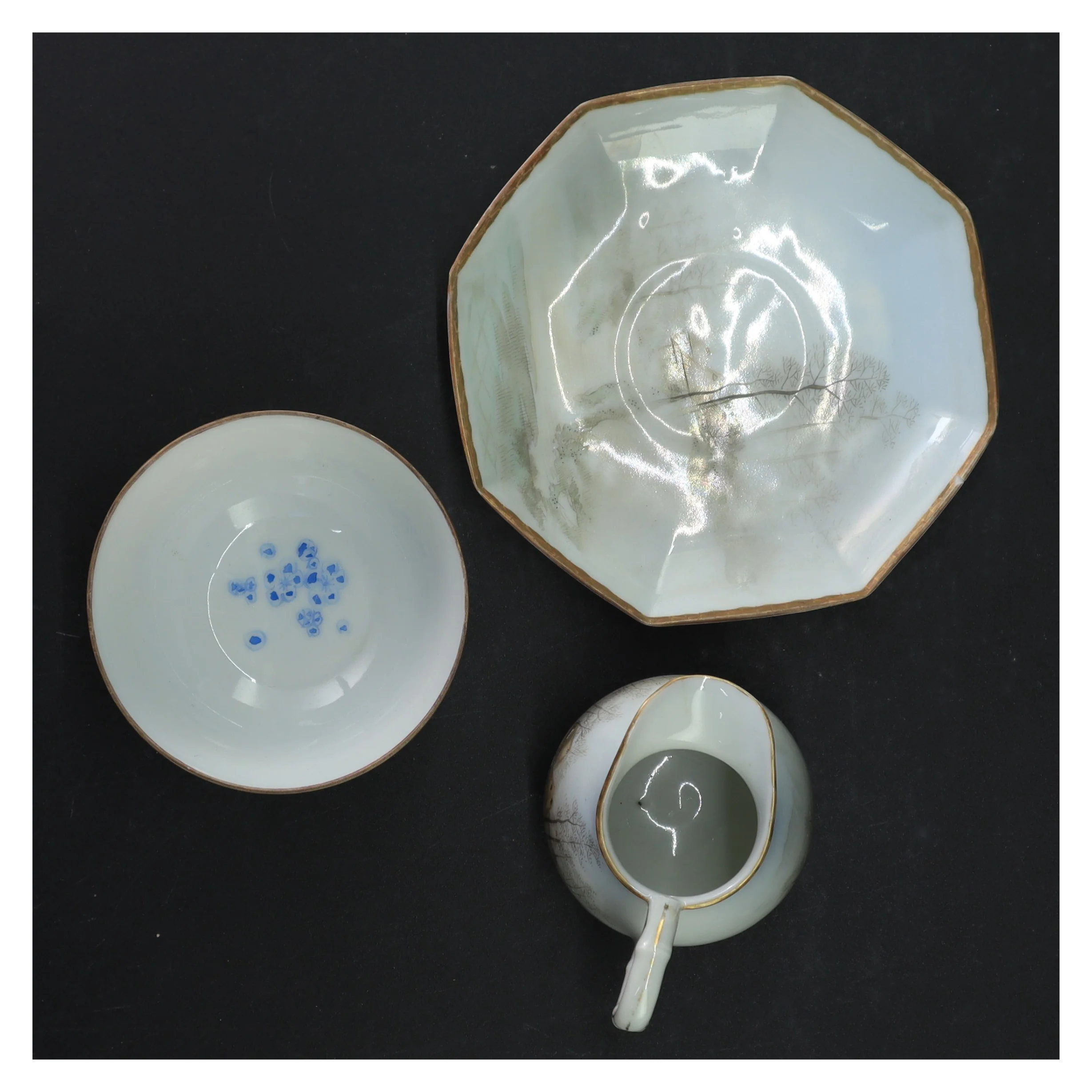 Vintage kinesisk Porcelænsservice med landskabsmønster (str. Tallerken, 13 cm. skål, 8 cm. kande 8 cm)