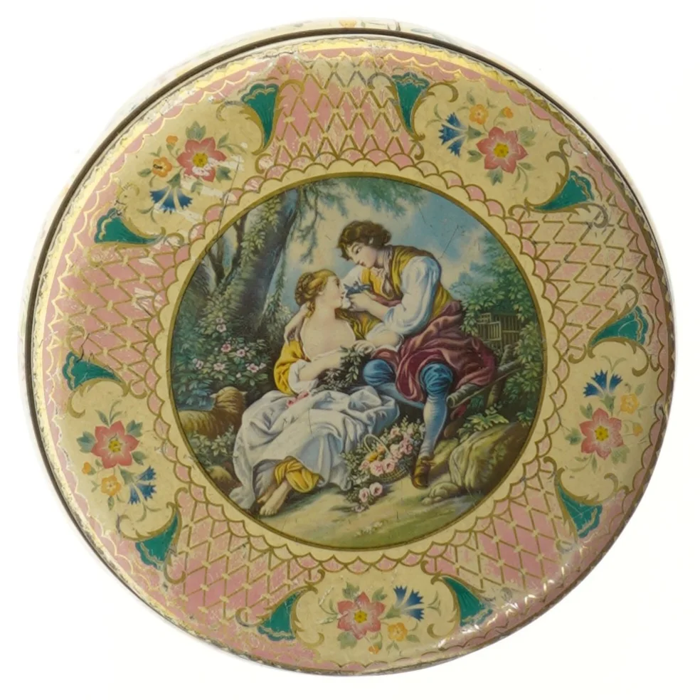 Vintage dekorativ blikdåse (str. Ø 17,5 cm)
