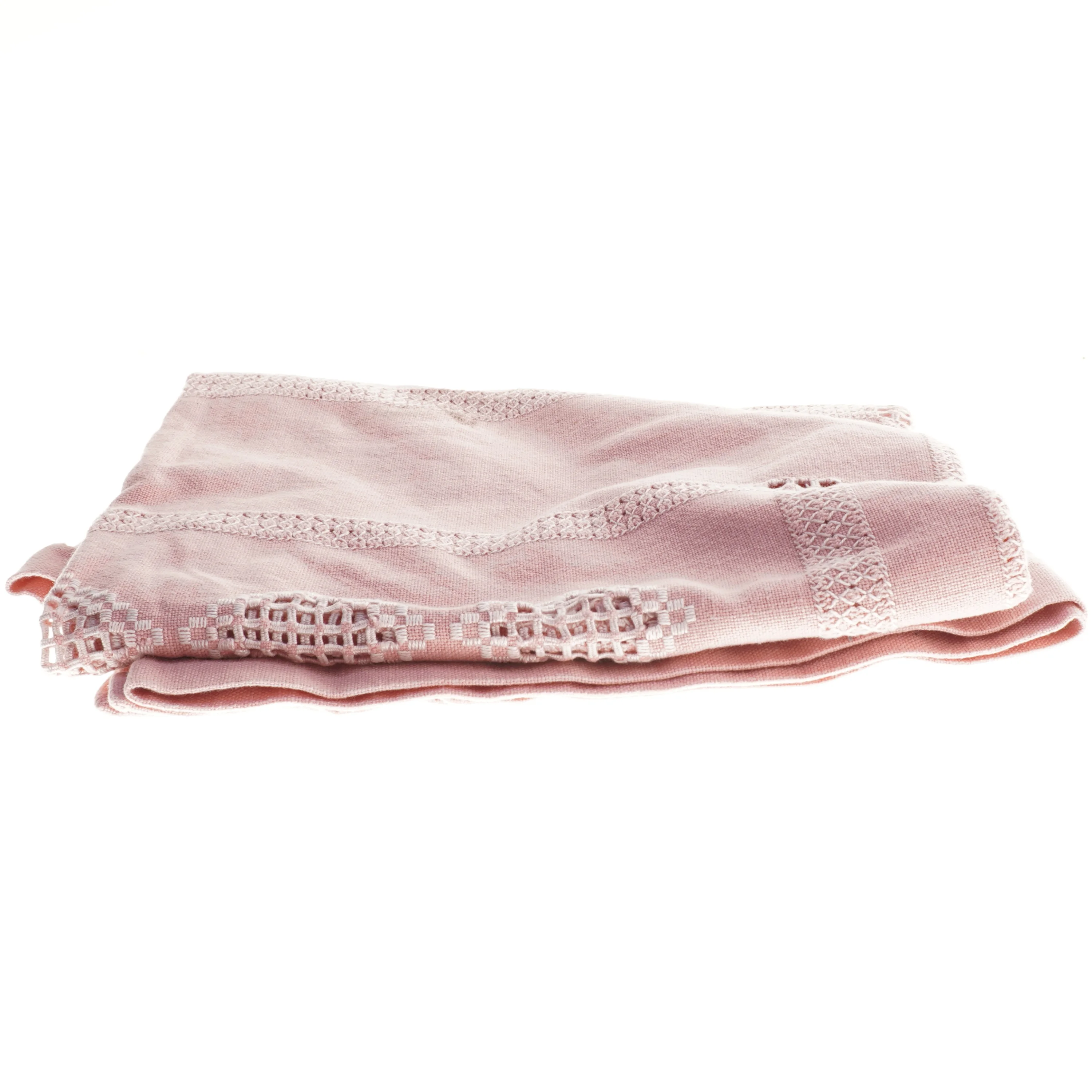 Håndbroderet dug.Rosa tekstil med dekorative kanter (str. 104x112 cm)