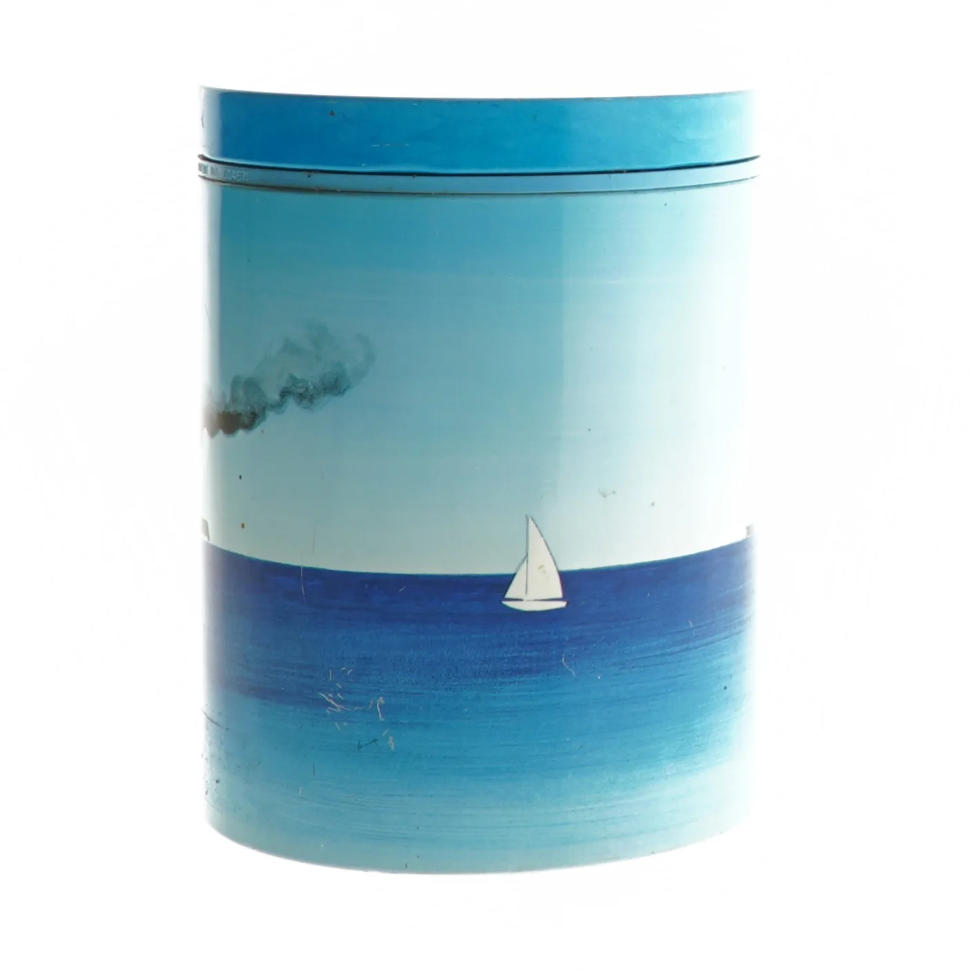 Metal opbevaringsboks med skibsmotiv (str. Ø 11,5 cm længde 15 cm)