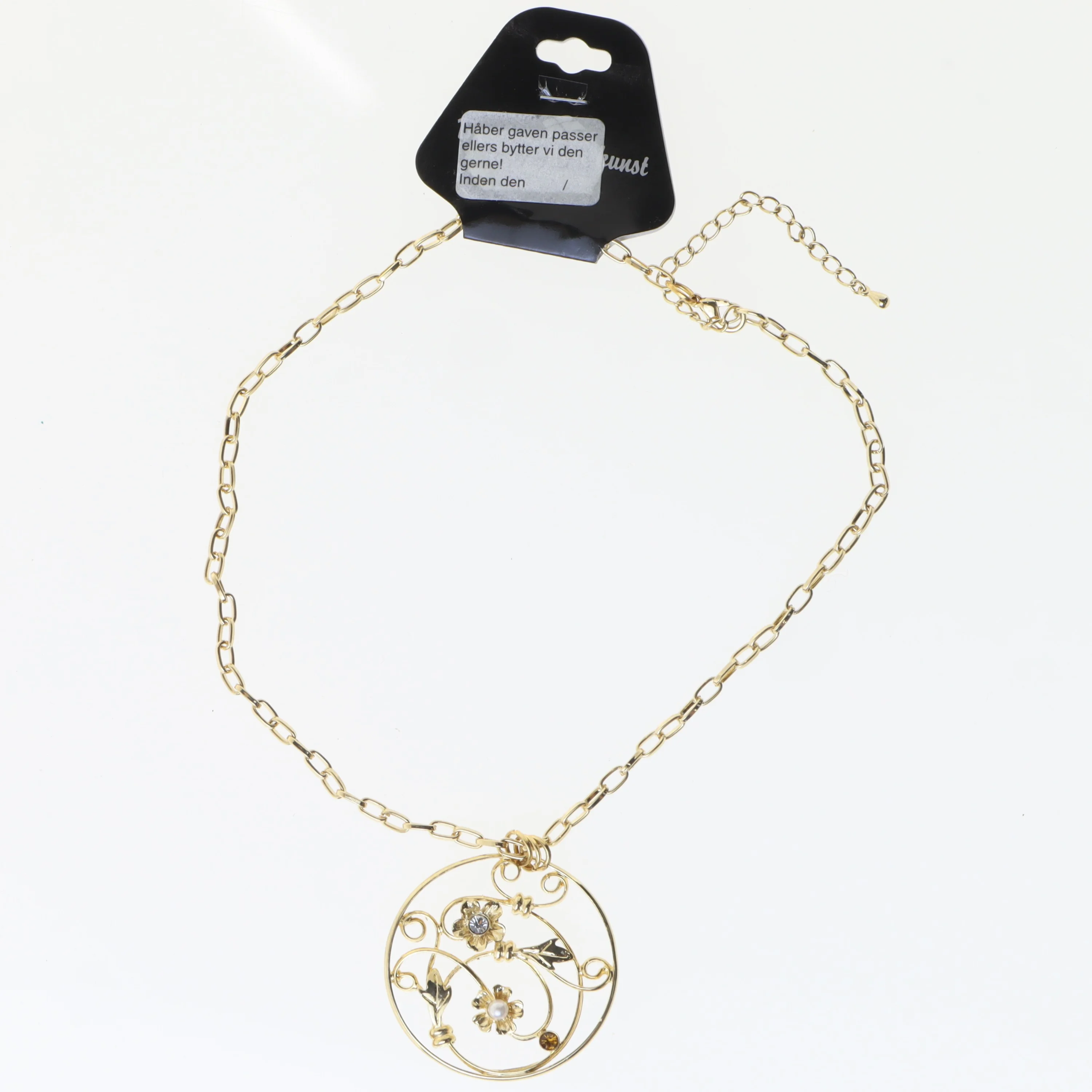 Gyldent halskæde med blomstret vedhæng (str. 22 cm)