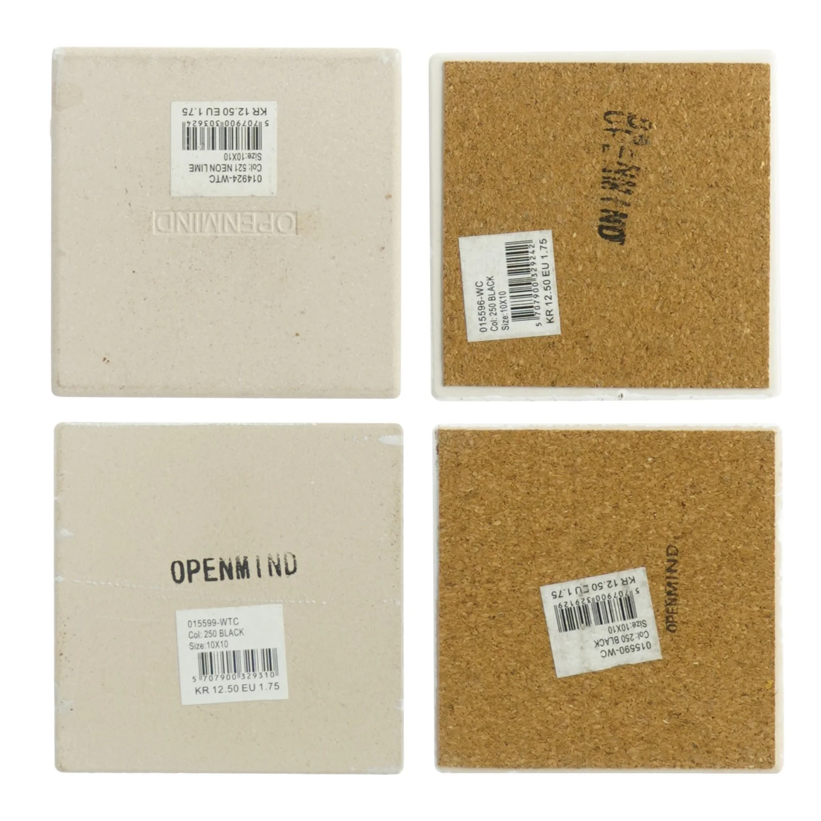 Dekorative glasbakker/ korkbordskånere fra Open Mind (4 stk str. 10 x 10 cm)