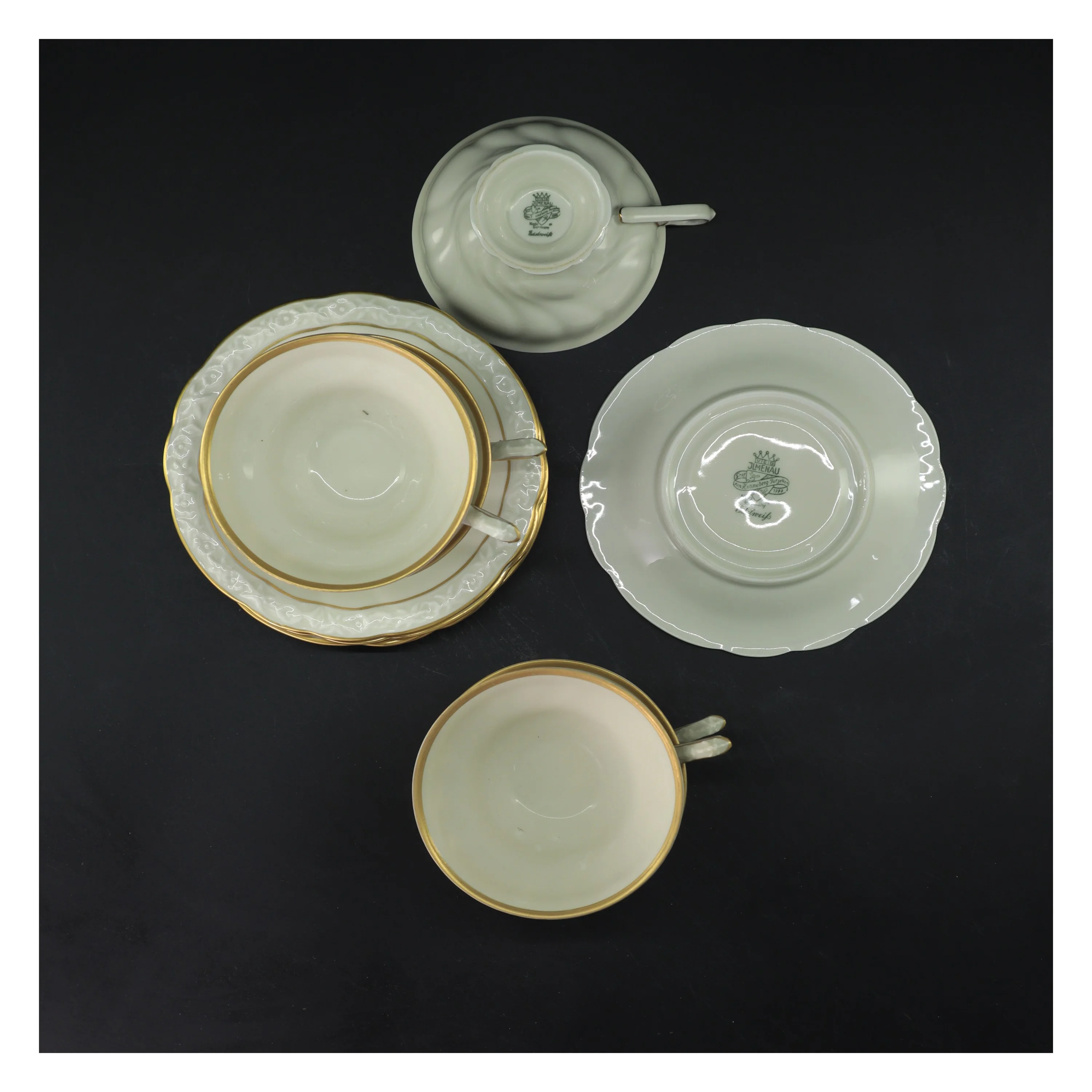 Porcelænskop og underkop med guldkant fra Jlmenau (str. 5 stk Ø 9,5 & 14 cm)