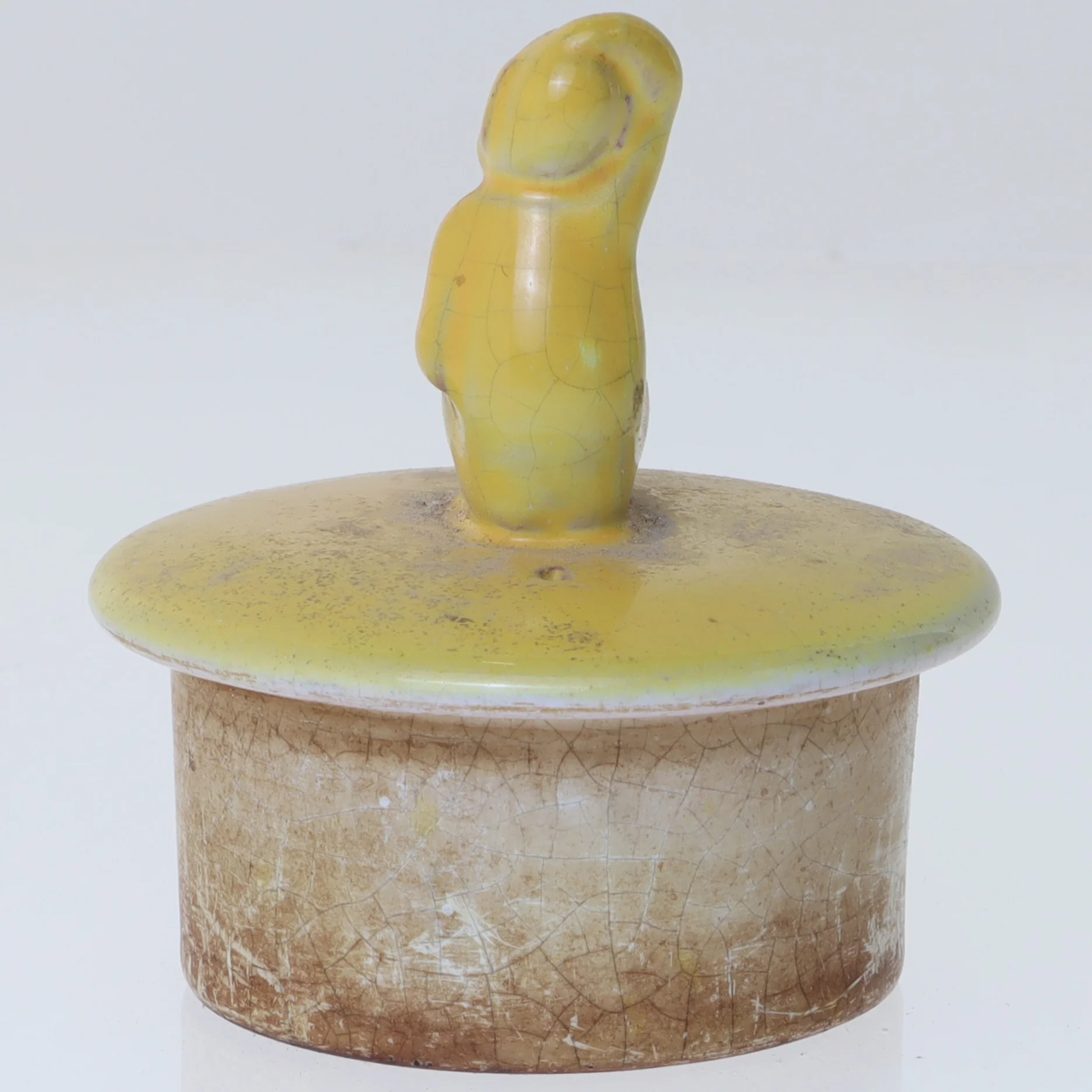 Keramikkrukke låg og figur (str. Ø 8x8 cm)