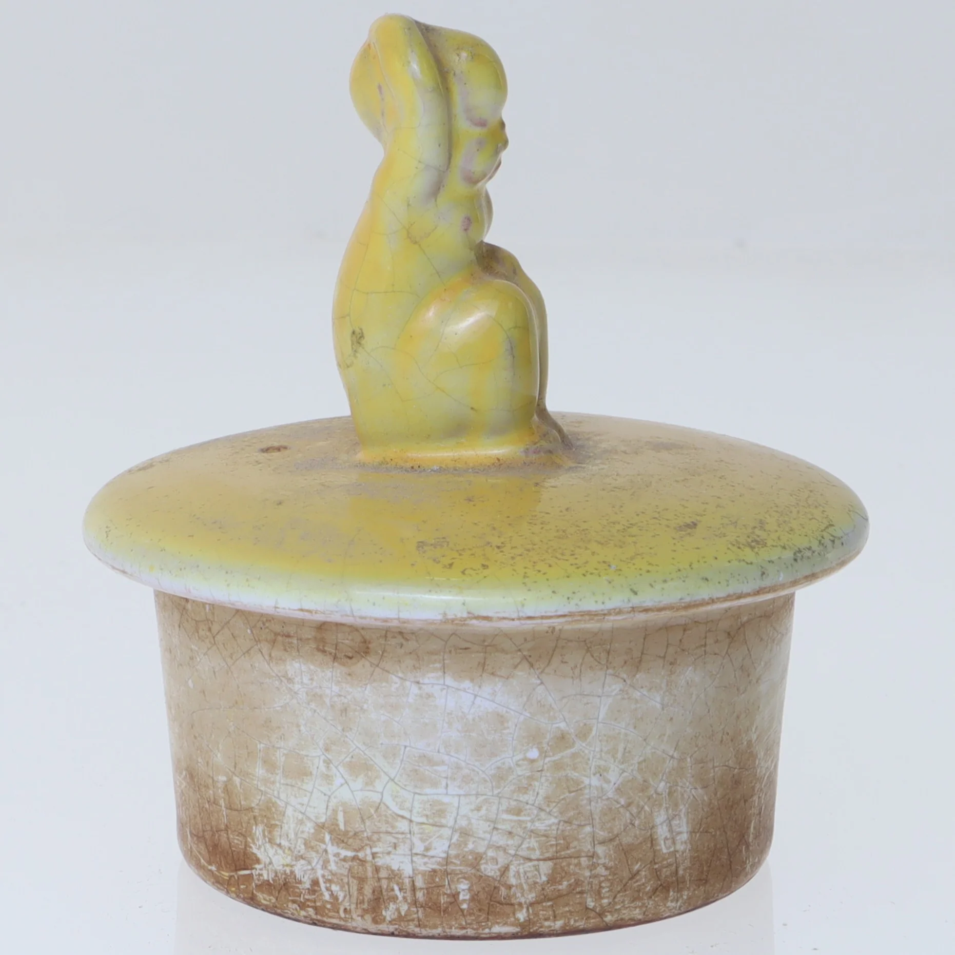 Keramikkrukke låg og figur (str. Ø 8x8 cm)