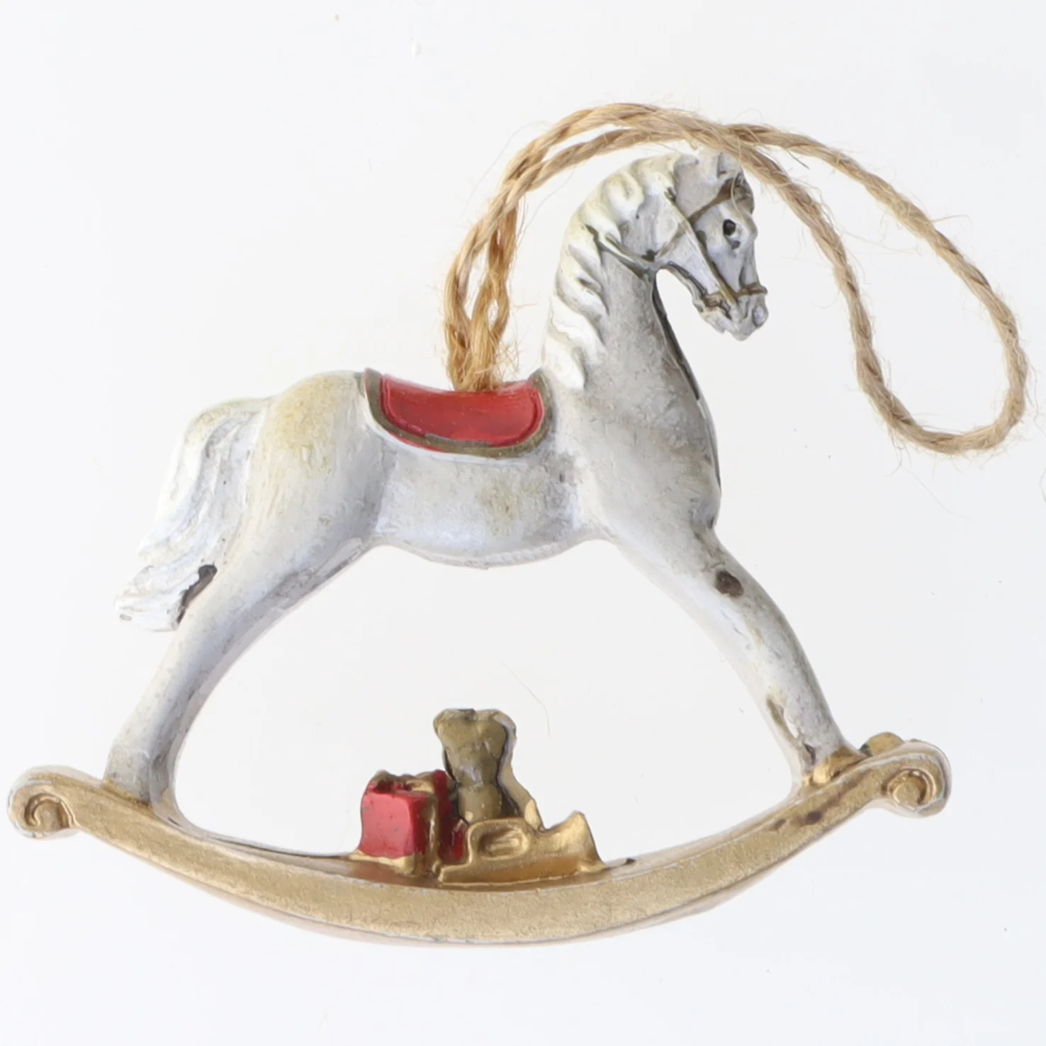 Gammel Juledekoration med gyngehest (str. 8x7,5 cm)