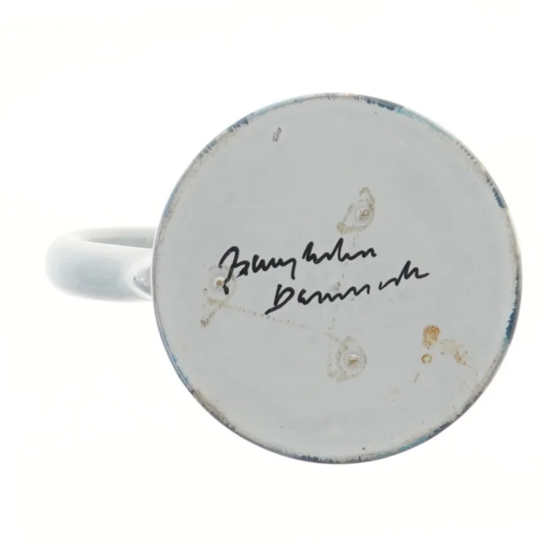 Keramisk kande med blå striber (str. Ø 8 cm længde 11,5 cm)