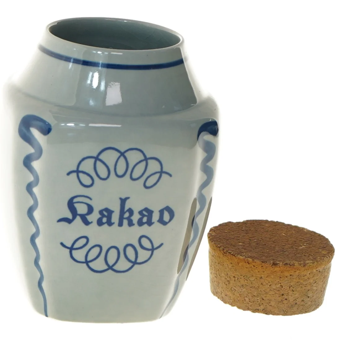 Kakaokrukke med korklåg fra Søholm (str. Ø 7,5 cm længde 14,5 cm)