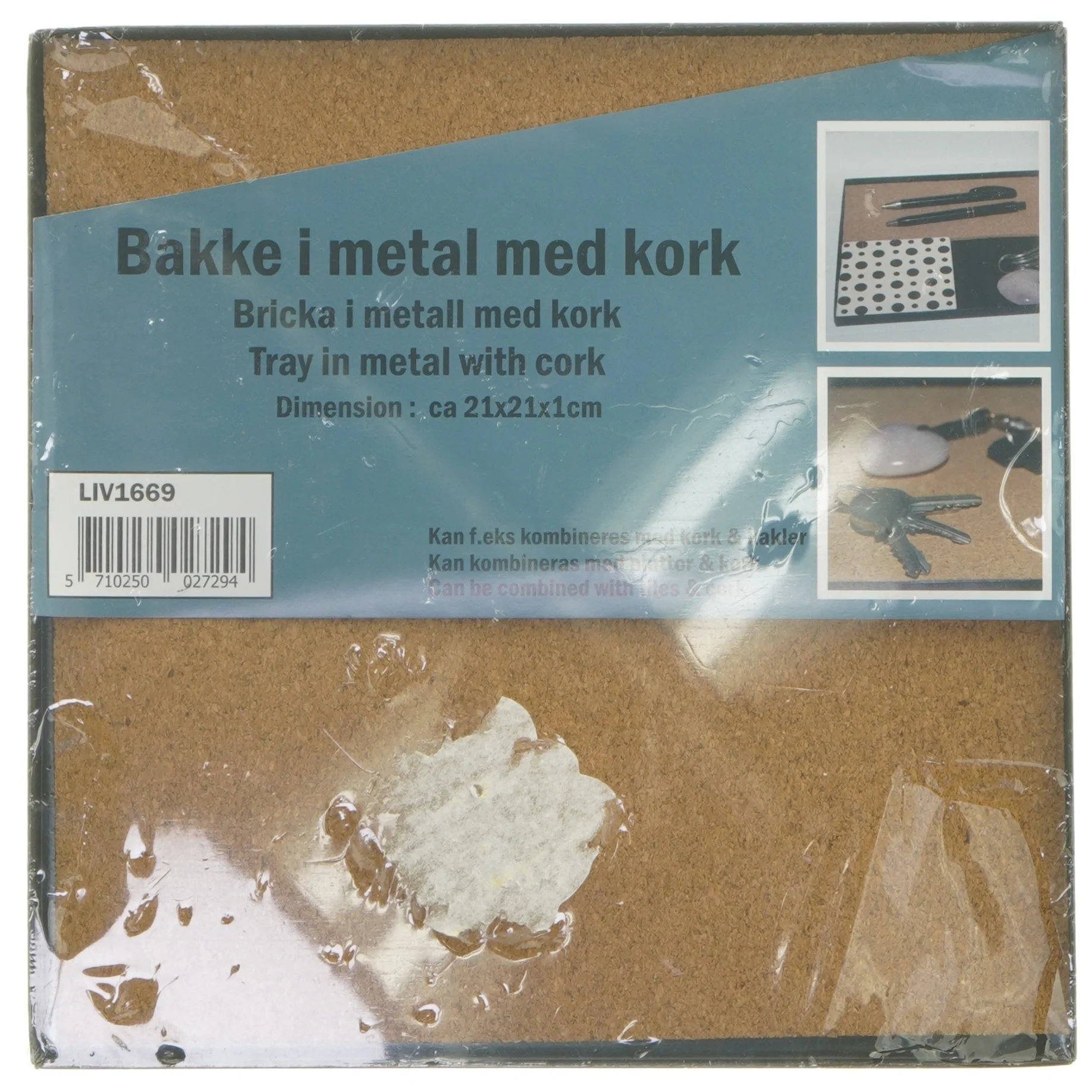 Metalbakke med kork (str. 21x21x1 cm)