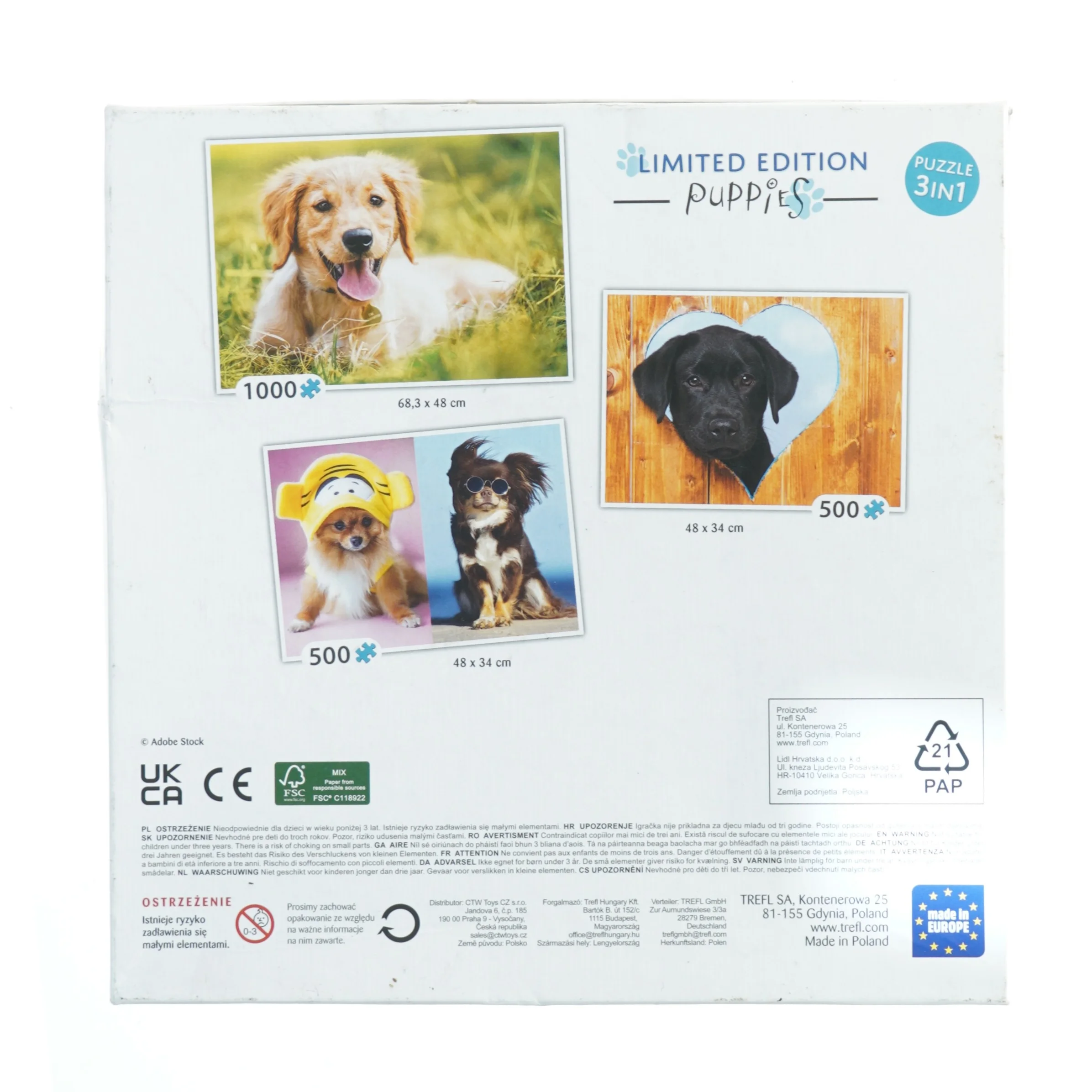 3-i-1 hundemotiv puslespil fra Trefl (str. 500)
