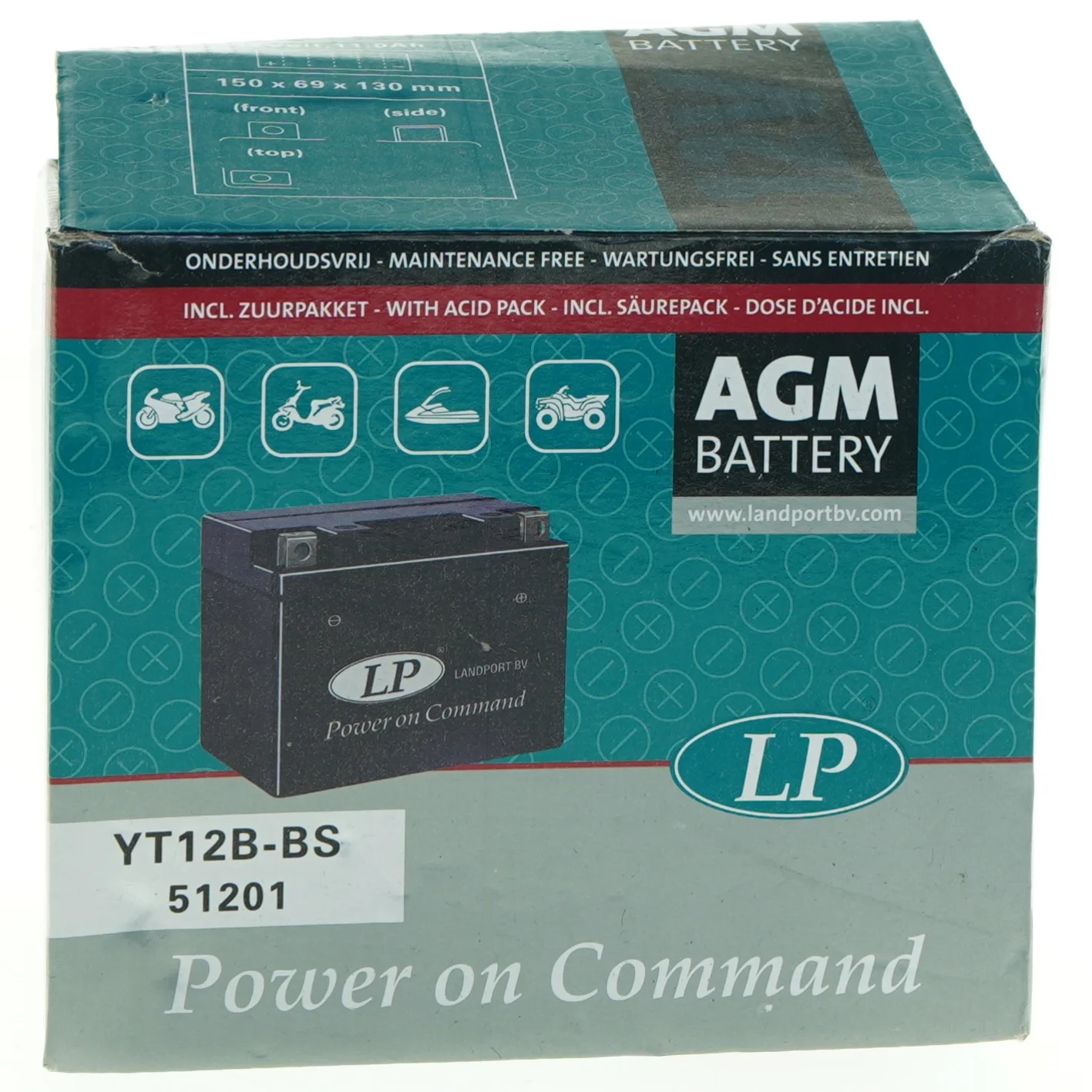 Motorcykelbatteri LP YT12B-BS fra Agm (str. 15 x, 13 x 6 og en halv cm)