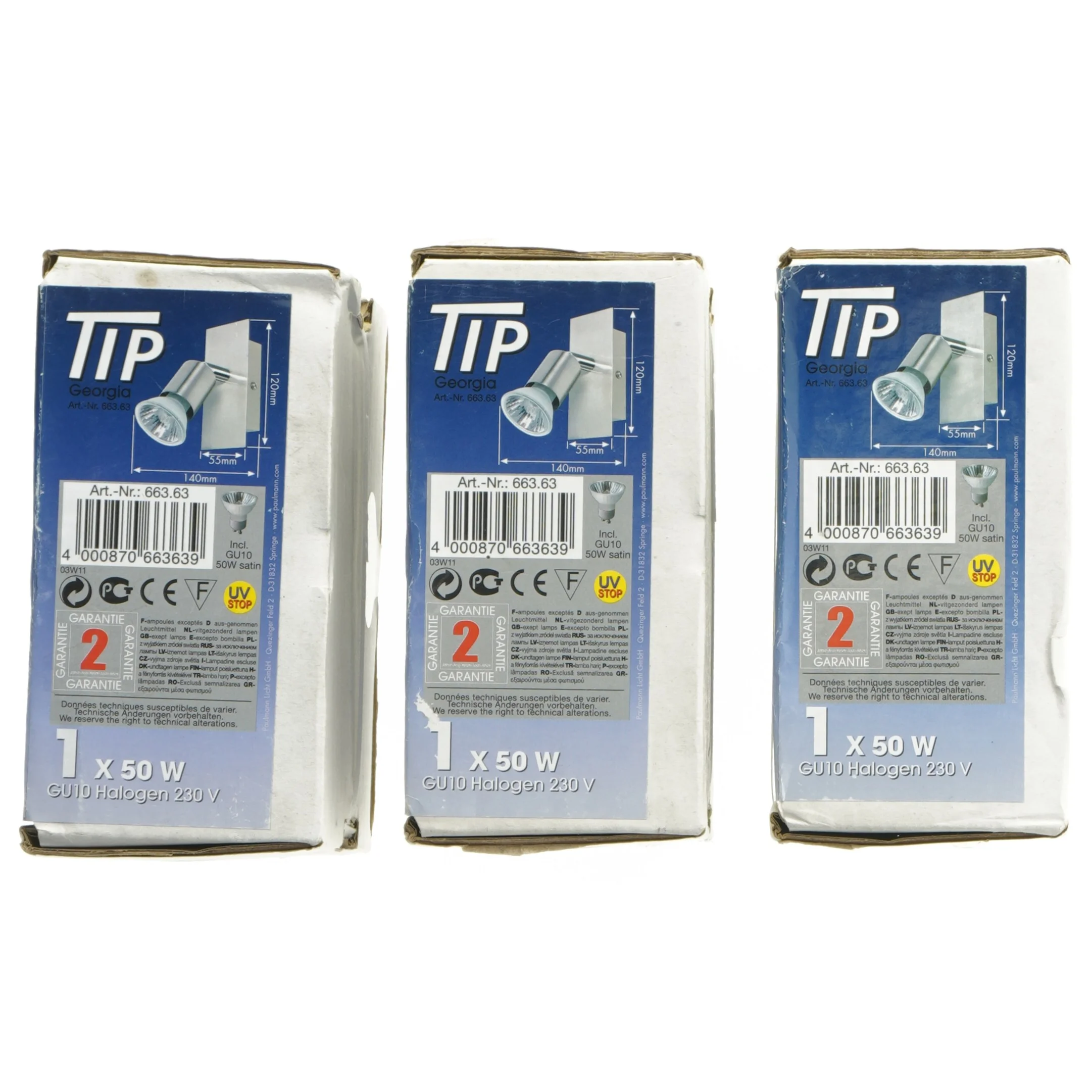 3 stk Væglamper Tip Georgia GU10 halogen 50W fra Tip (str. 120x55 mm)