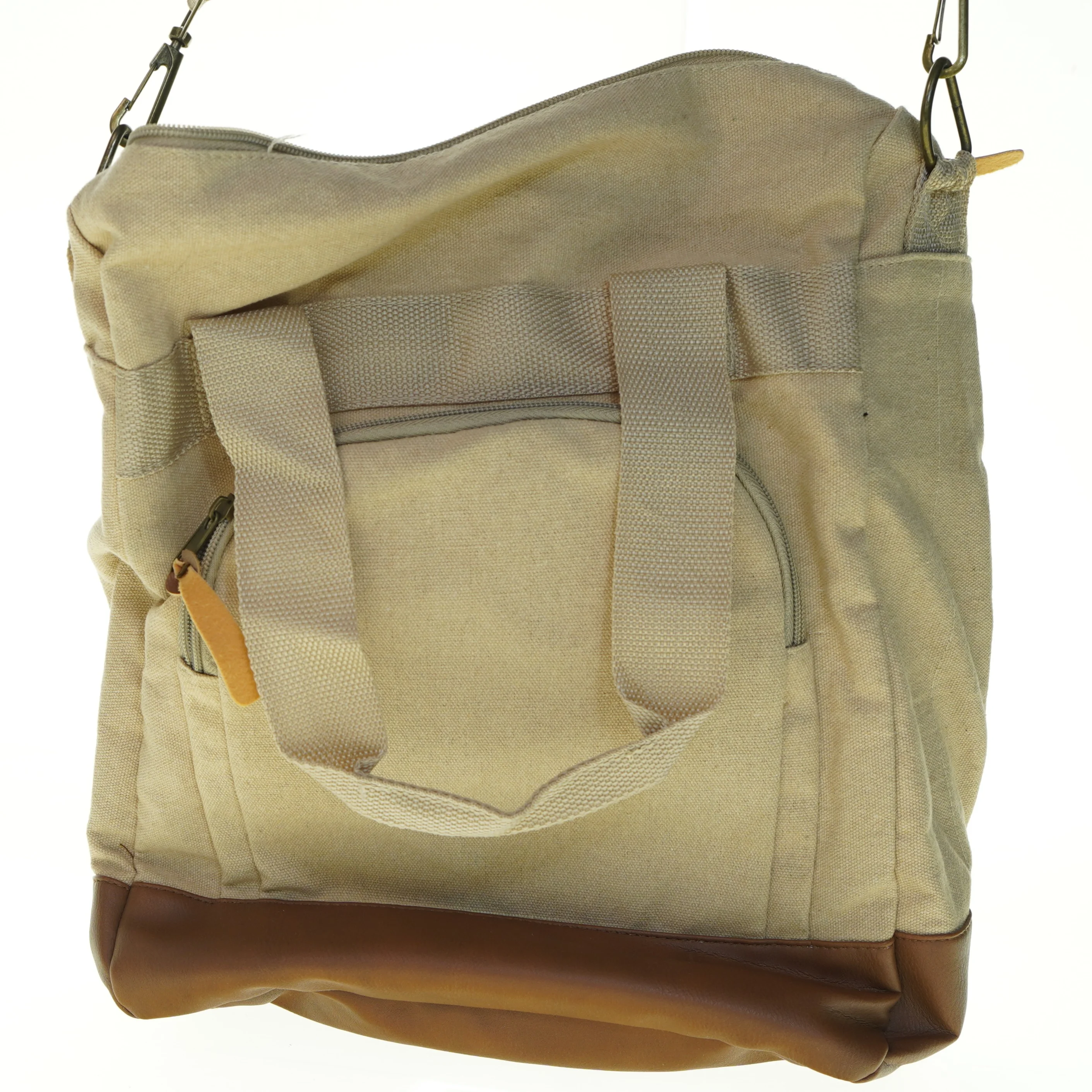 Lærred rygsæk med læderdetaljer (str. 40 x 32 cm)