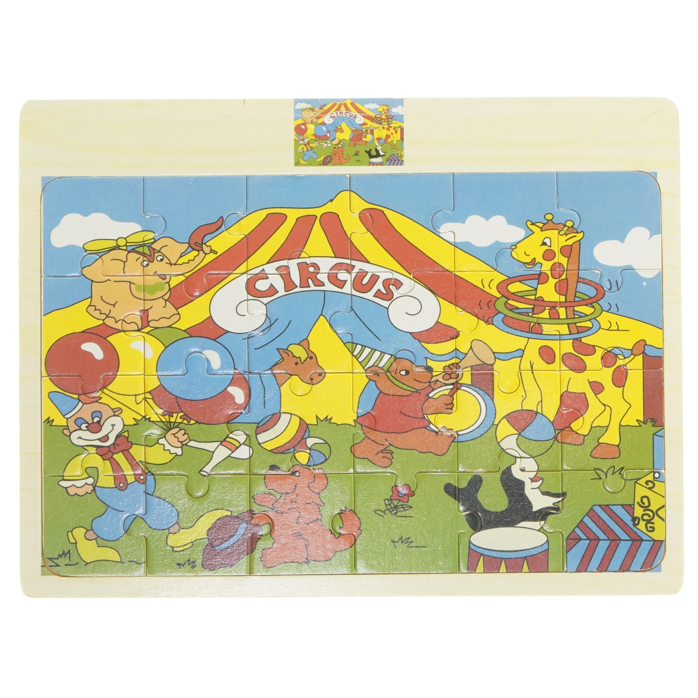 Tr&aelig;puslespil med cirkusmotiv (str. 30x22,5 cm)