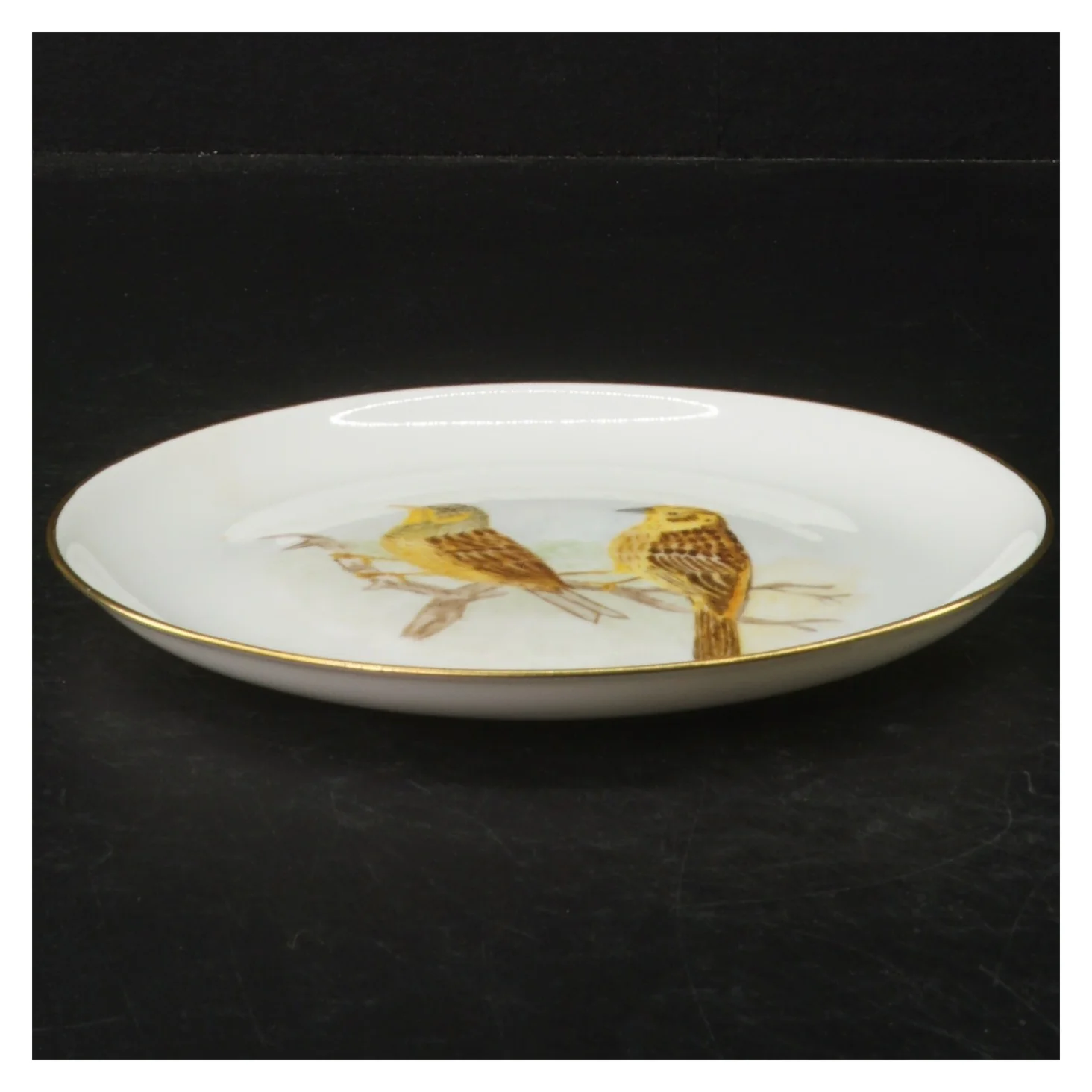 Dekorativ porcelænstallerken med fuglemotiv fra E. M. (str. Ø. 17 cm)