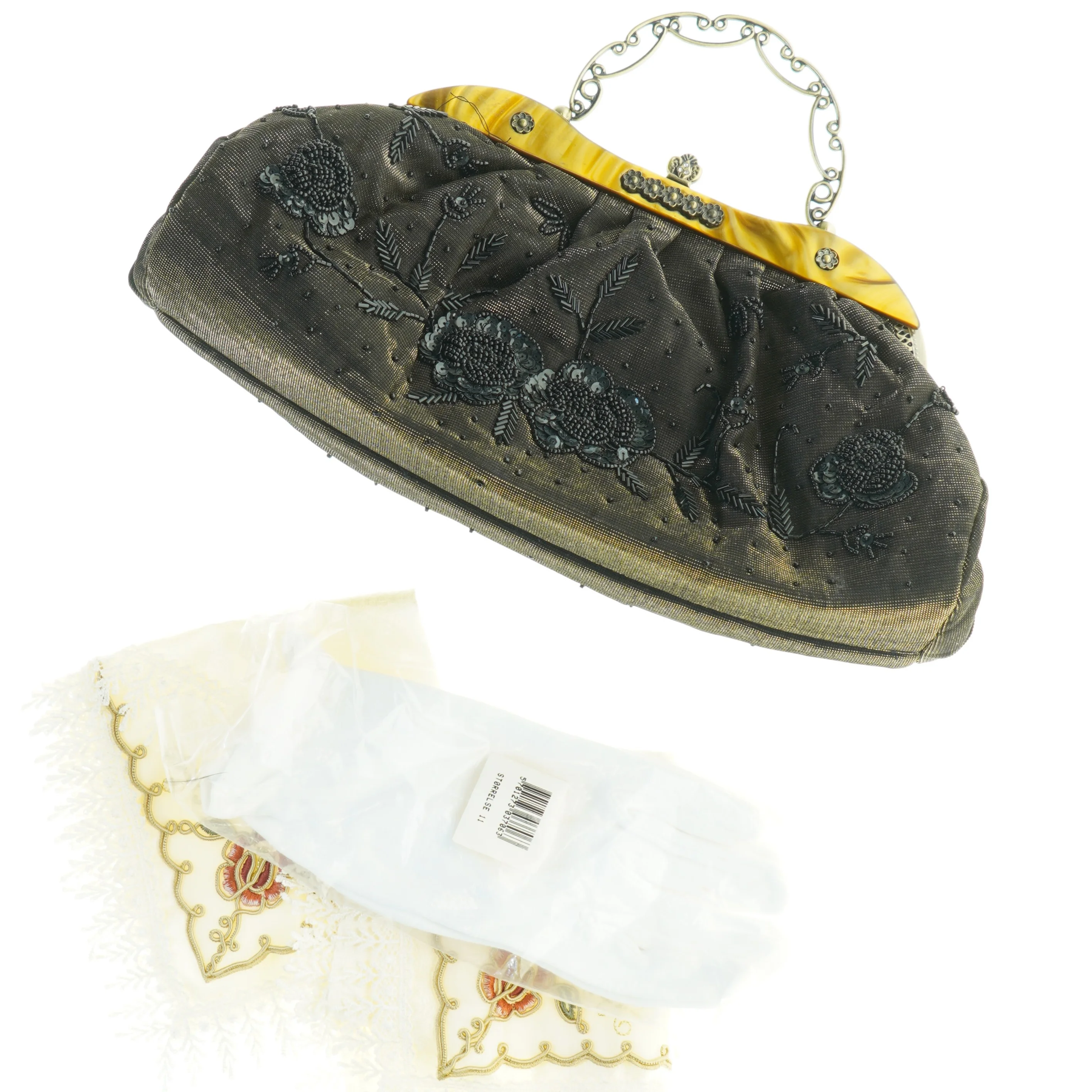 Vintage broderet aftenpung med kædehåndtag (str. 35 x 24 cm)